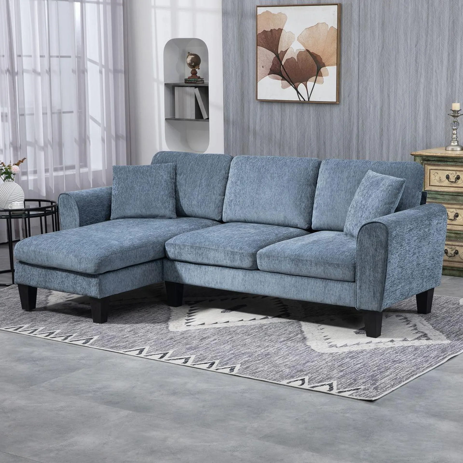 Sofá chaiselongue Diva Homcom 3 plazas reversible azul oscuro 87x230x138 cm