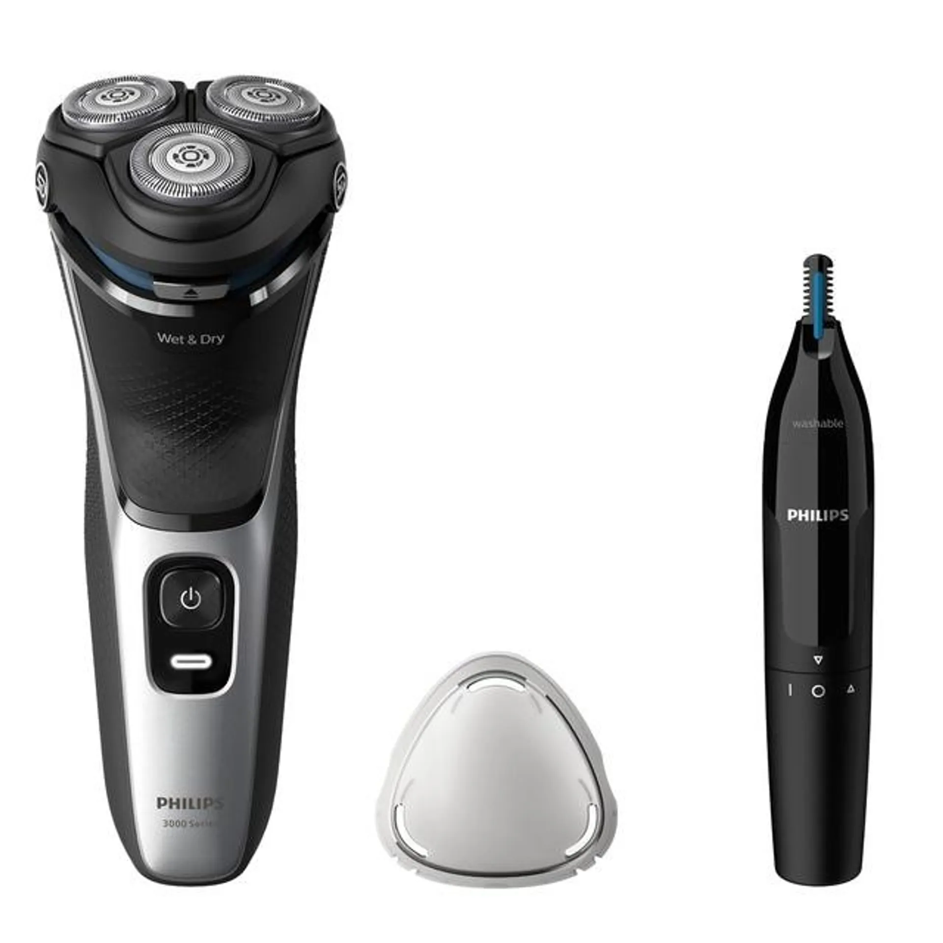 Afeitadora eléctrica Philips Serie 3000, 60 min autonomía, uso en seco y mojado, cabezales flexibles 5D,incluso en la cabeza, incluye naricero