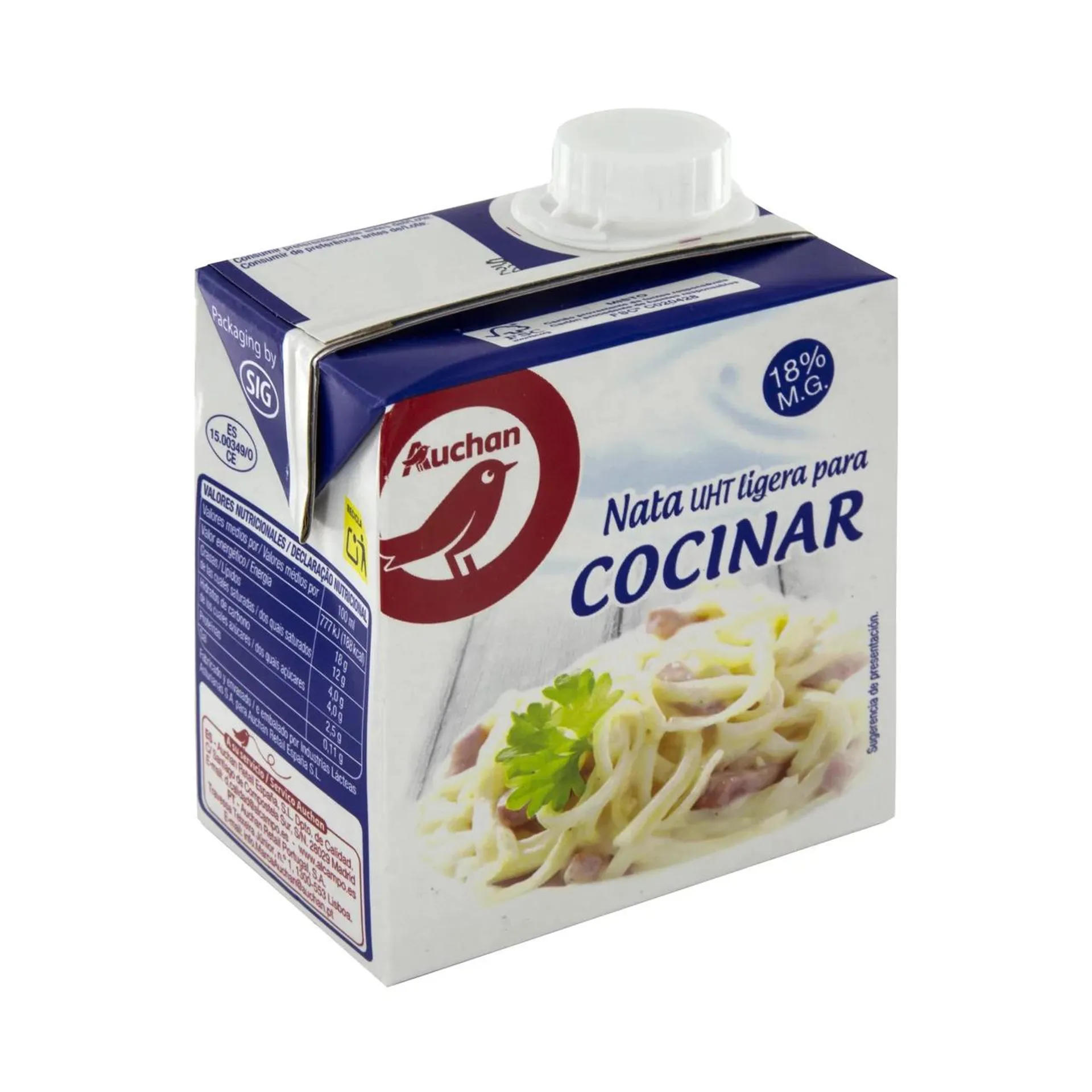 AUCHAN Nata líquida (18% materia grasa) para cocinar 500 ml. Producto Alcampo