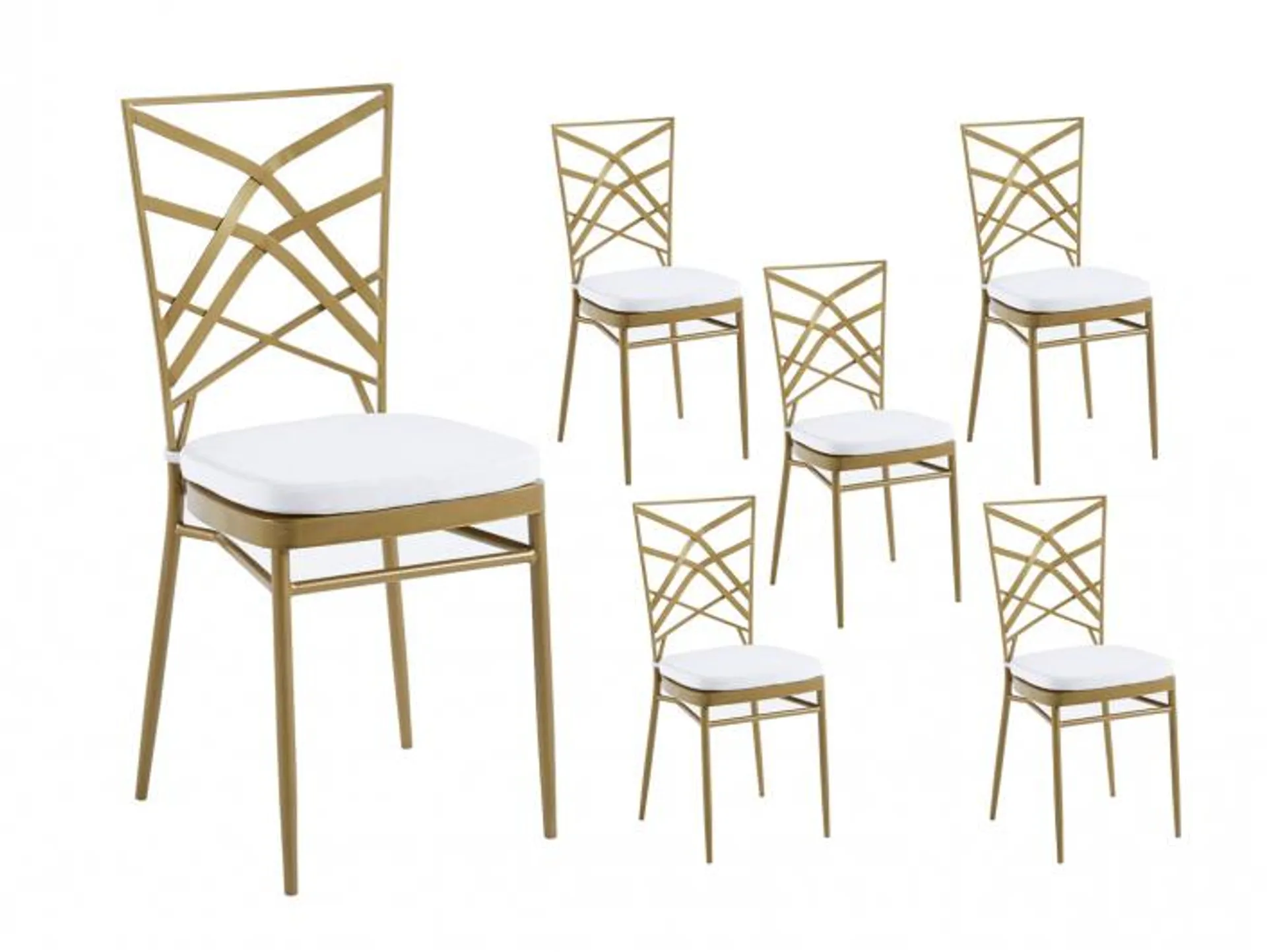 Pack 6 sillas metálicas art deco dorada + 2 cojines de asiento blancos