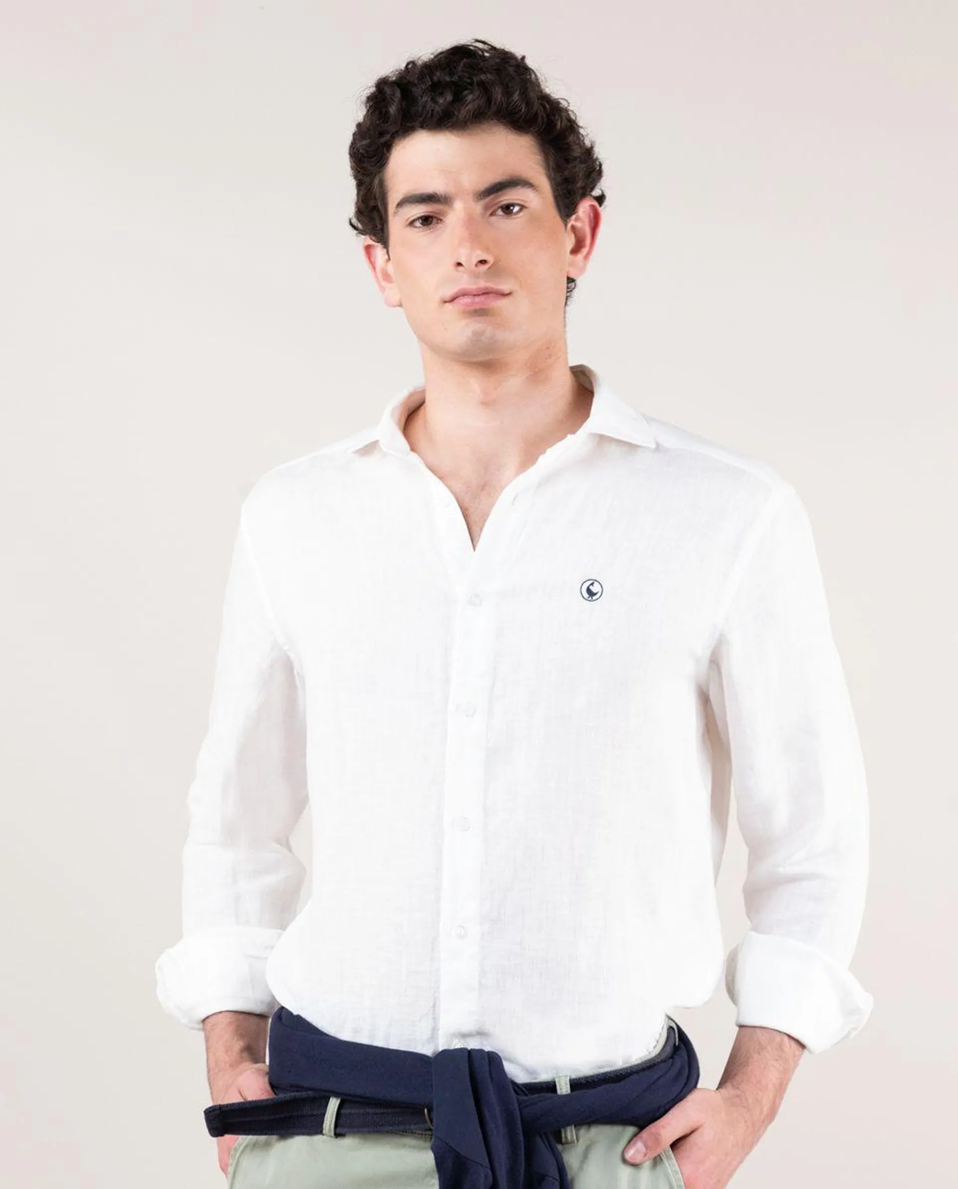 Camisa Lino Garment Dyed Blanca Cuello Italiano