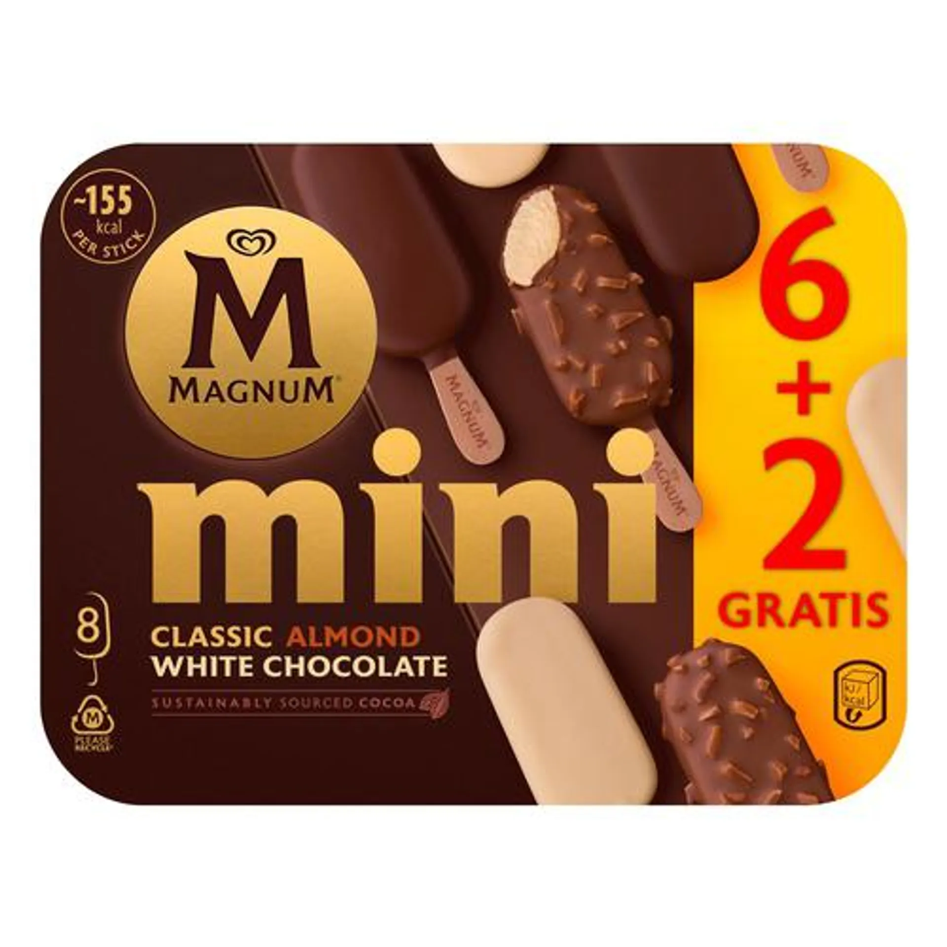 MAGNUM de Frigo Mini bombones almendradros, de chocolate, chocolate con leche ychocolate blanco 8 x 55 ml.