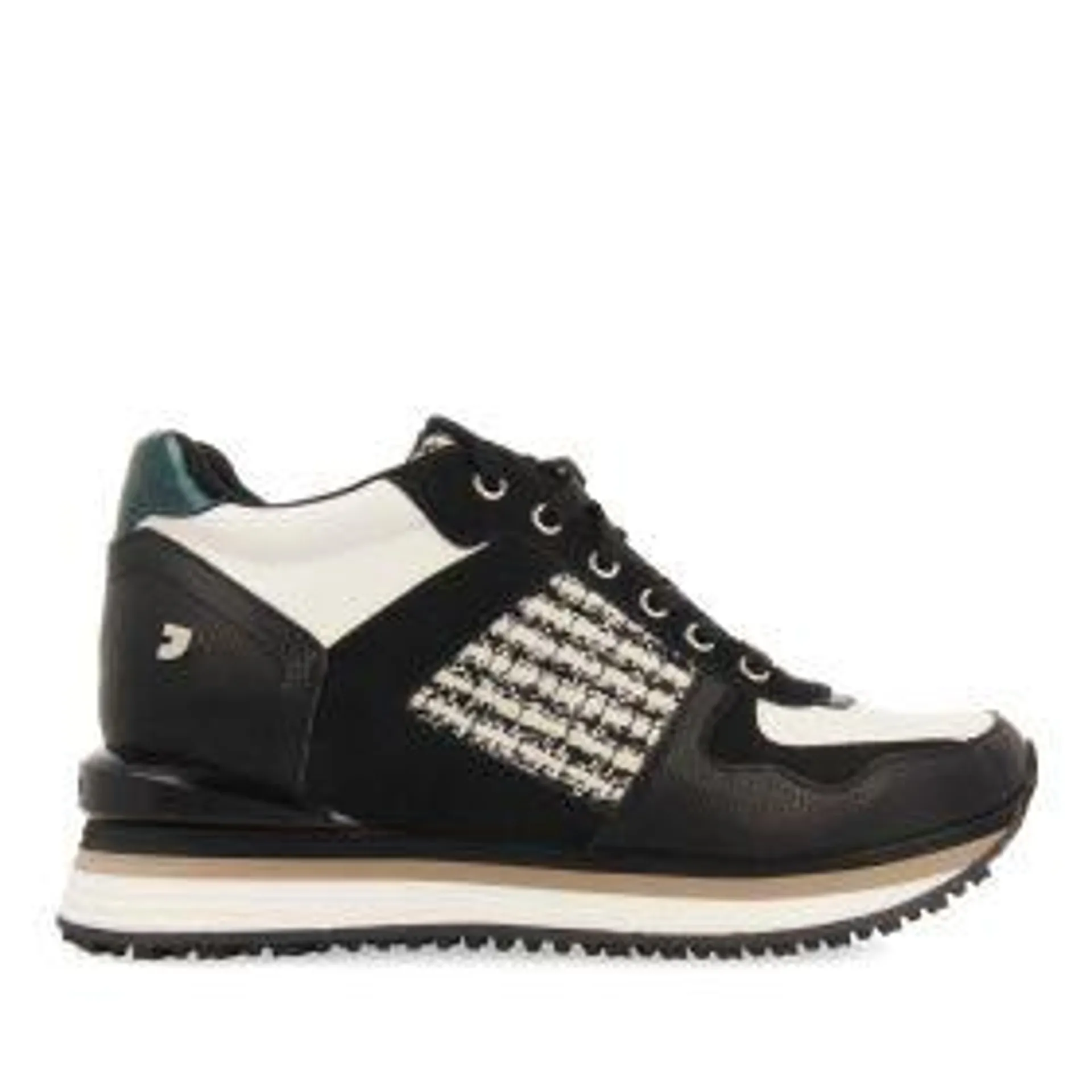Dillingen women's black sneakers with inner wedges and pieces in black, white, green and shiny fabric