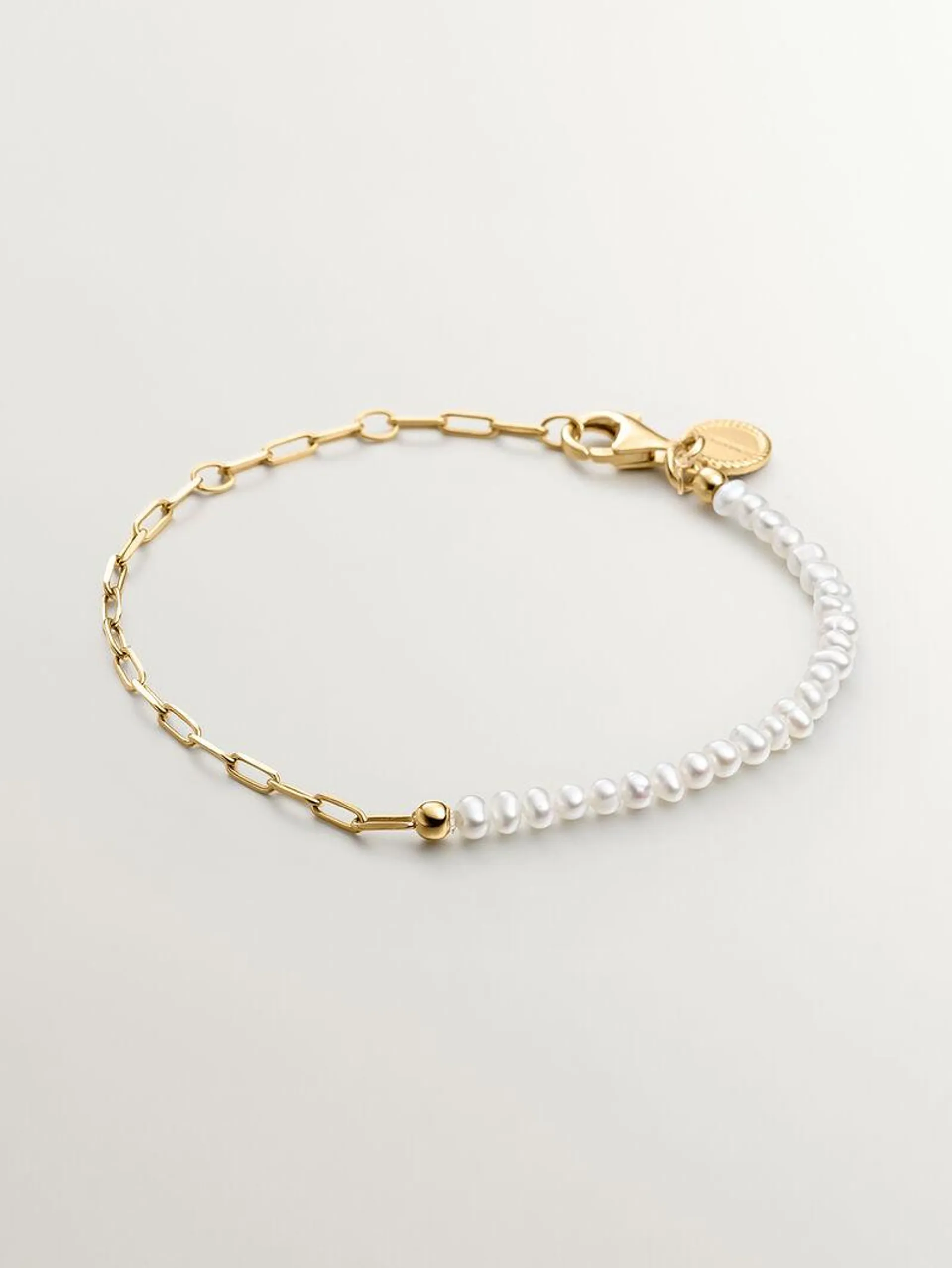 Pulsera de eslabones de plata 925 bañada en oro amarillo de 18K con perlas