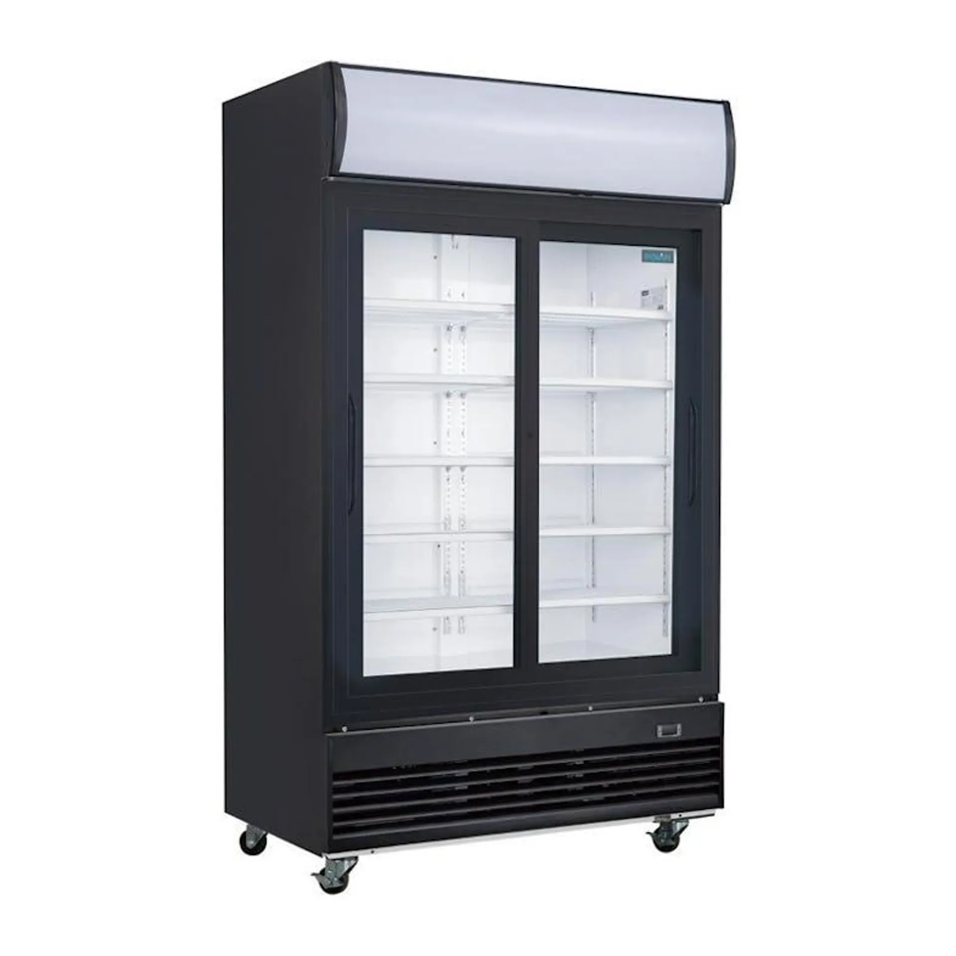 Frigorífico expositor para bebidas con panel iluminado, negro, 2 puertas de vidrio deslizantes, con cerradura, 950L Polar GM814