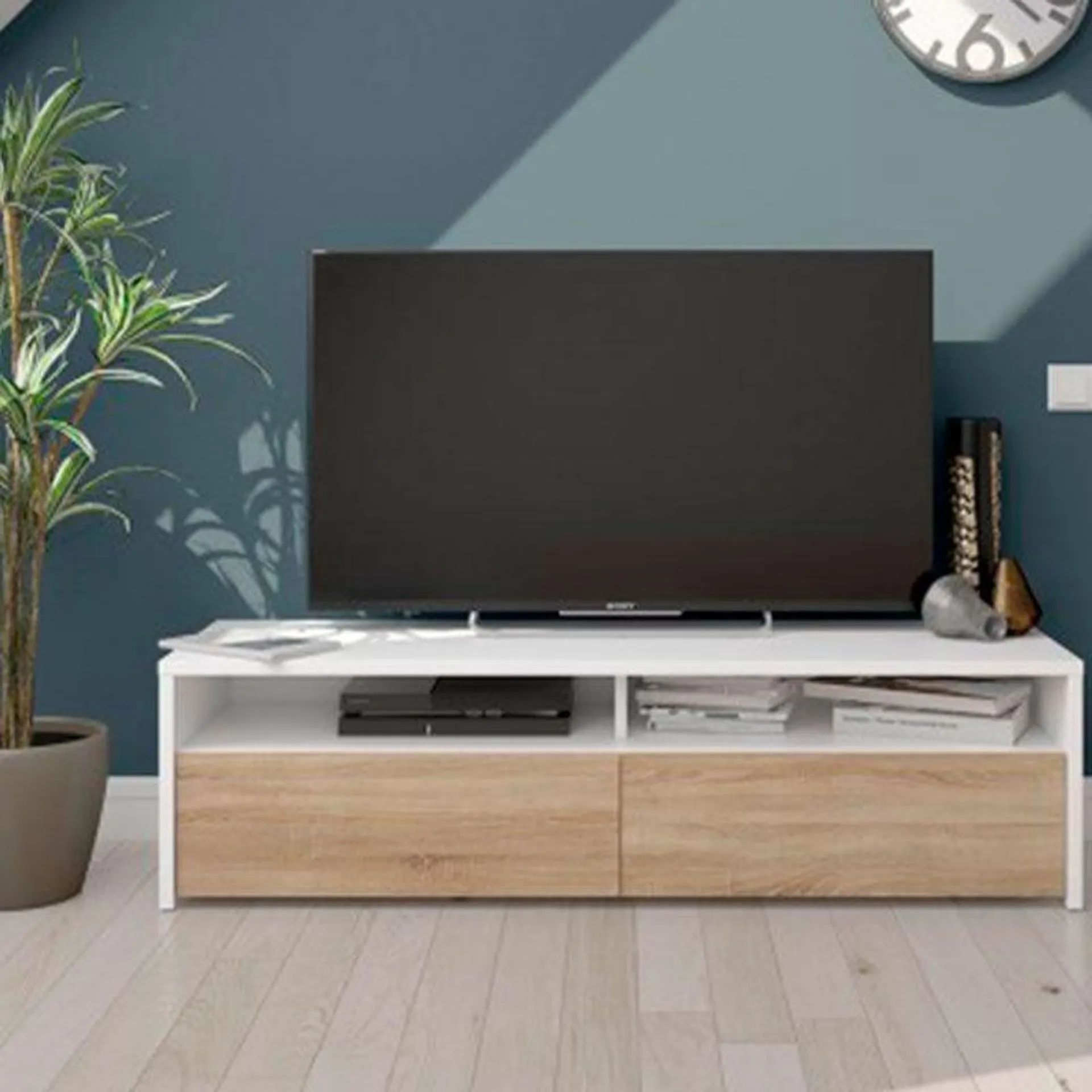 Mueble bajo de TV Kioto 2 huecos abiertos+2 compartimentos blanco artik/roble canadian 36x130x42 cm