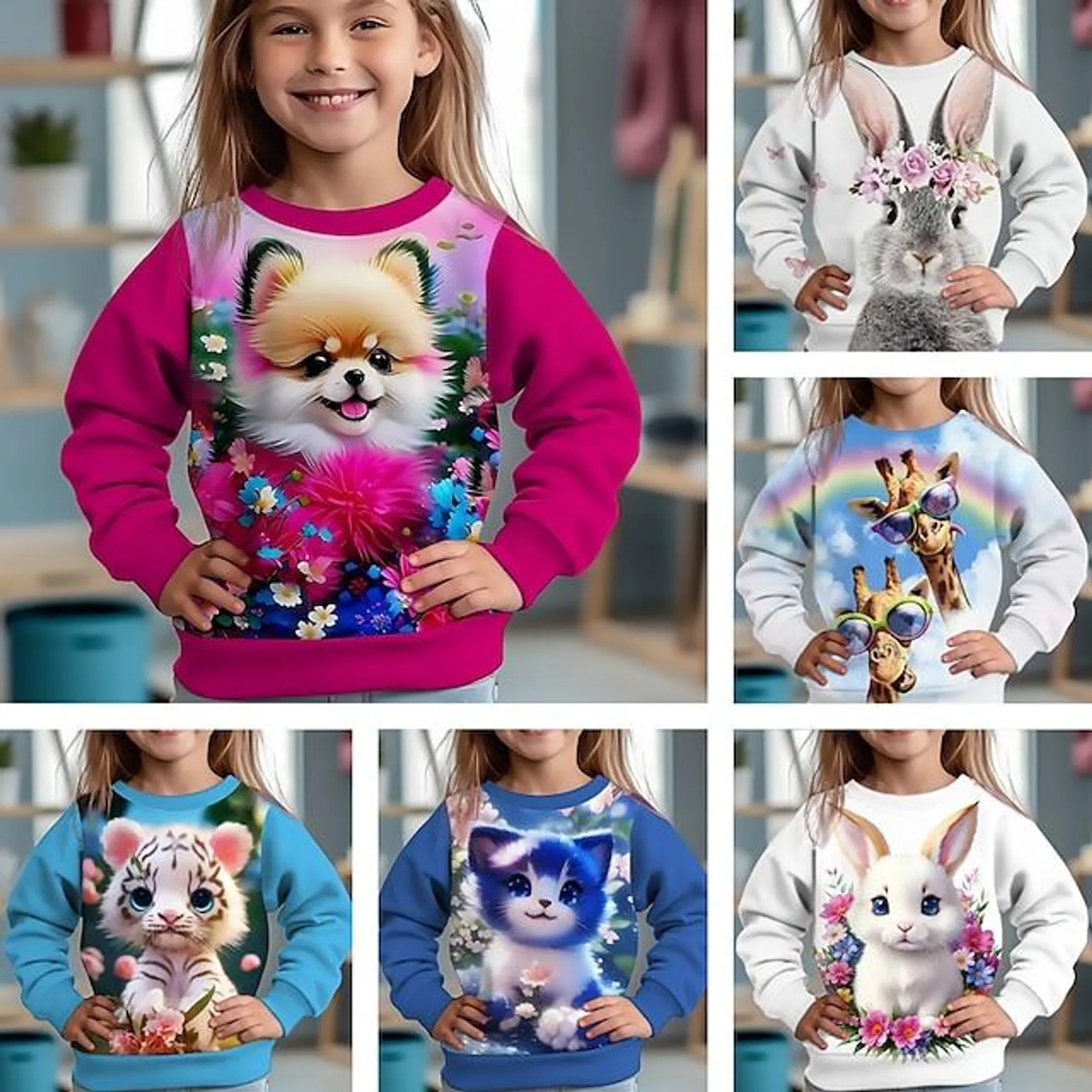 Chica 3D Graphic Caricatura Gato Sudadera Manga Larga Impresión 3D Verano Otoño Moda Ropa de calle Adorable Poliéster Niños 3-12 años Exterior Casual Diario Ajuste regular