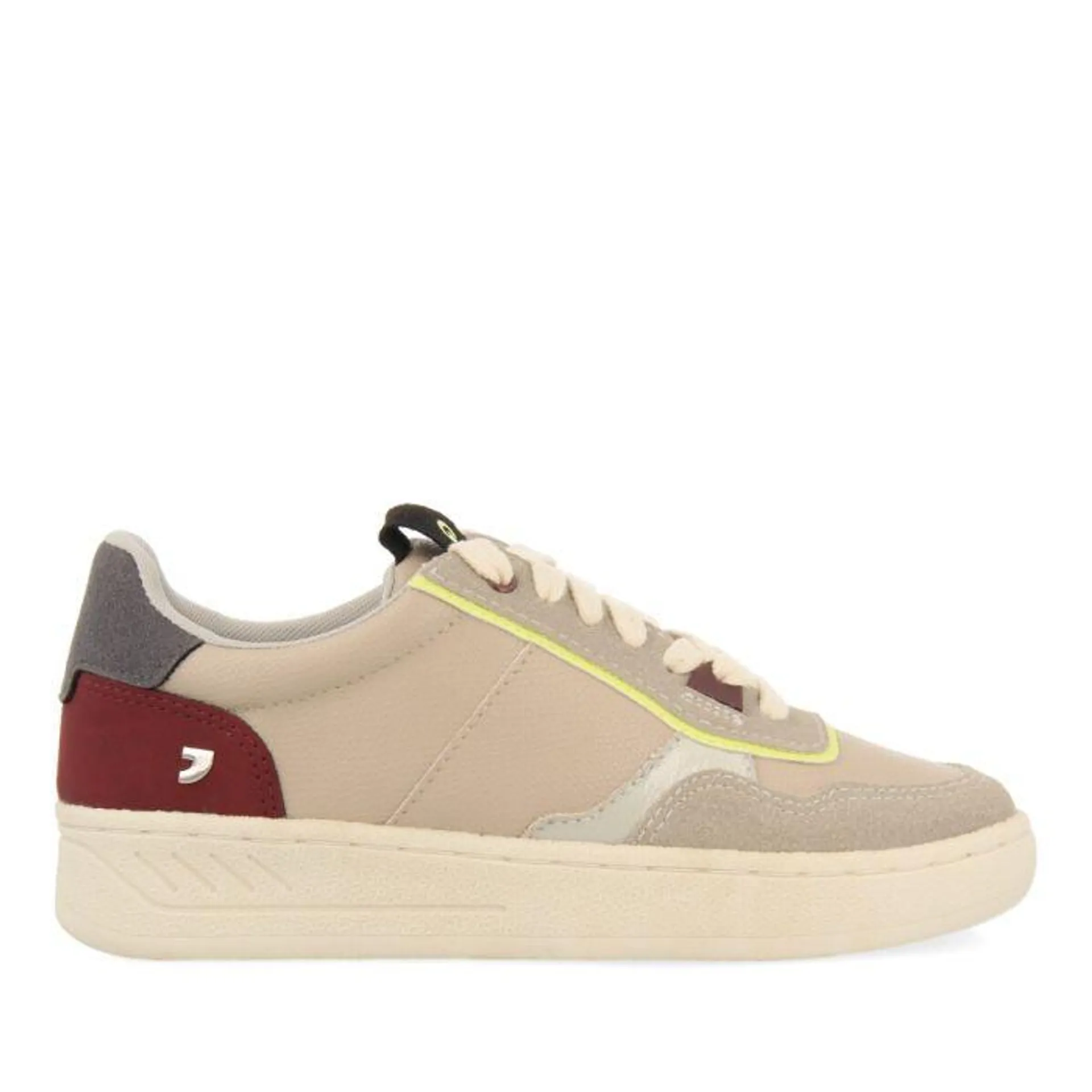 Kappel women's beige sneakers with burgundy, beige and light blue pieces and neon details