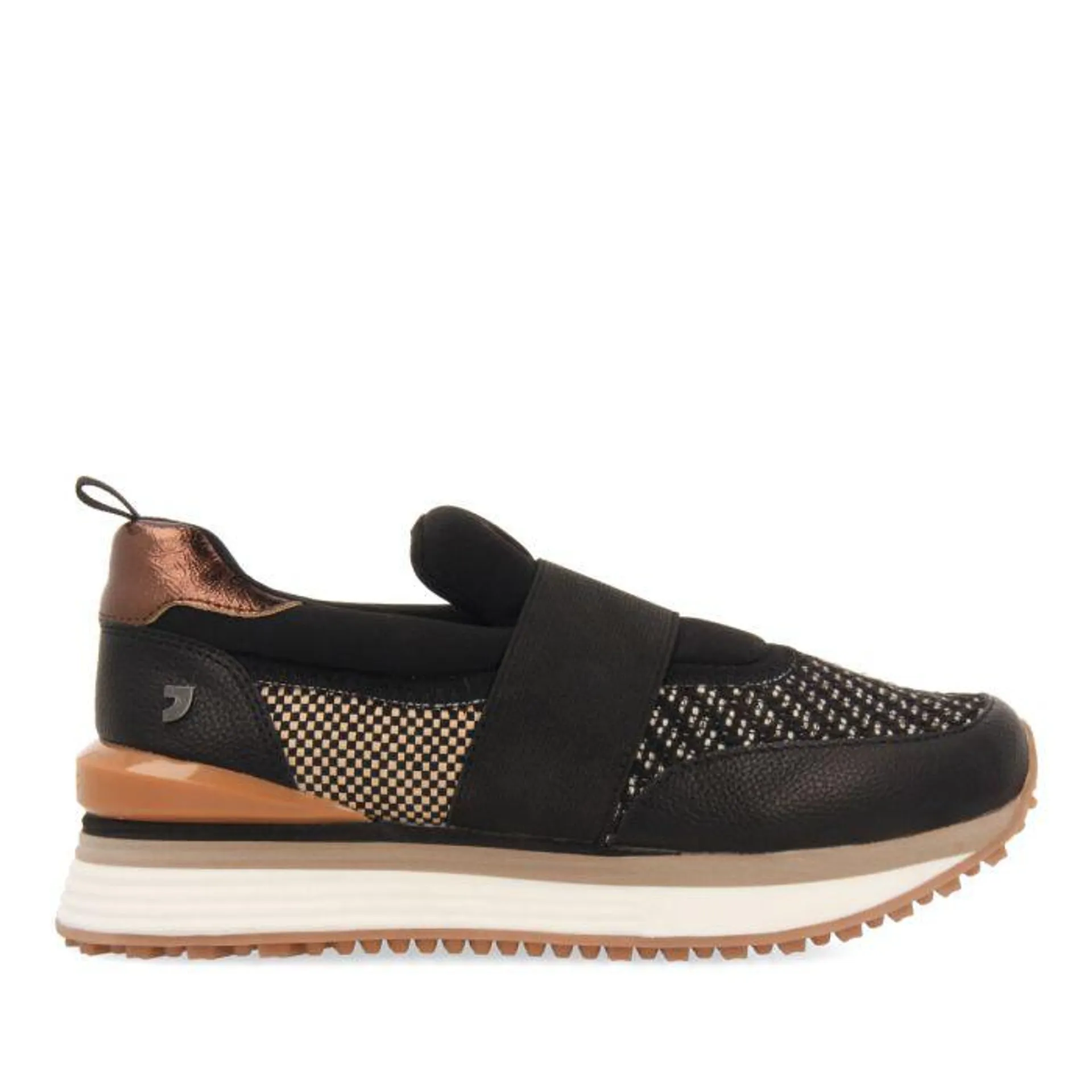 Mayrhof women's brown slip-on sneakers with half-wedge soles, featuring different textures and pieces in black, white and copper