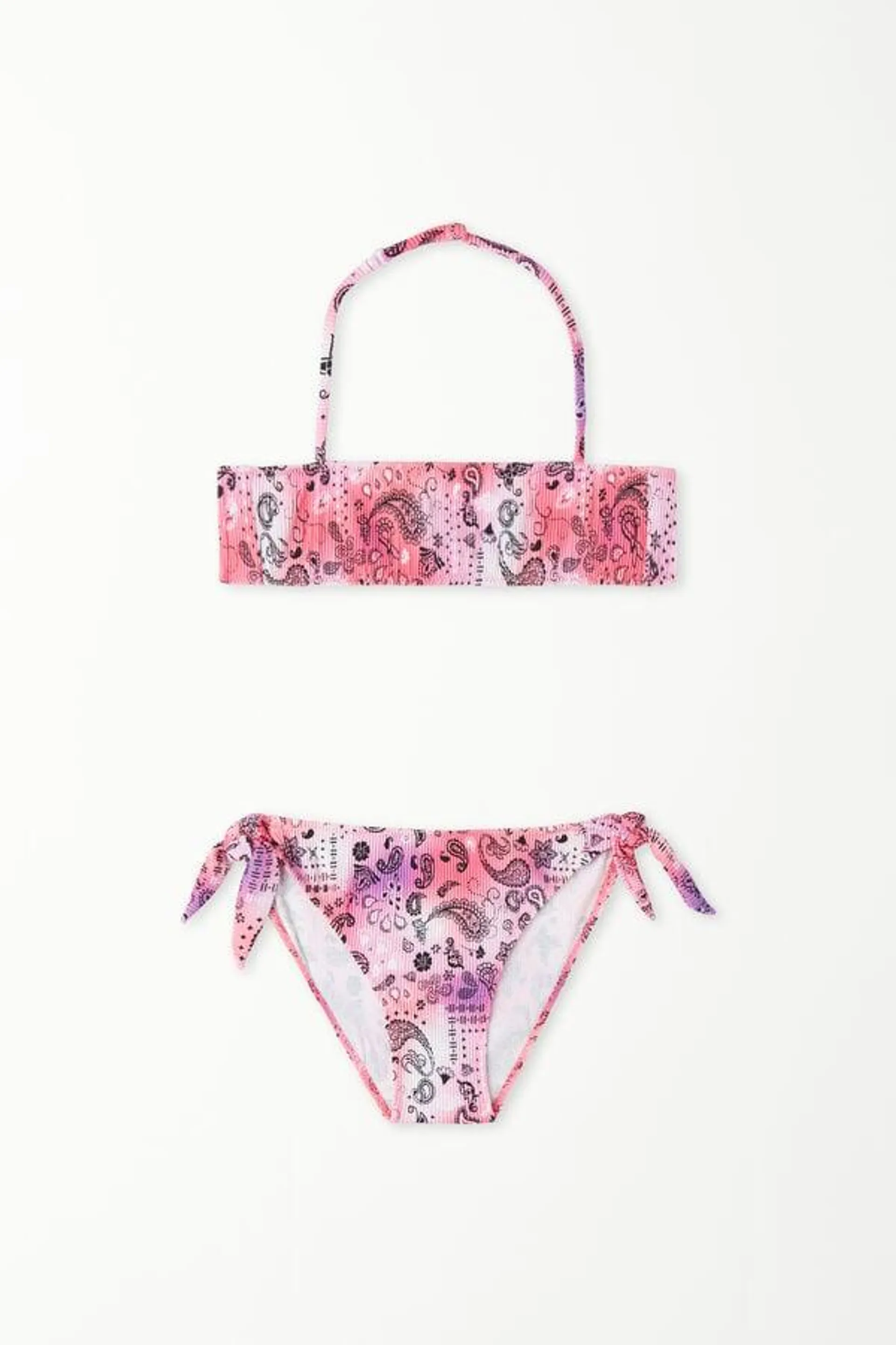 Bikini Bandeau con Braguitas con Lacitos con Estampado de Cachemira Difuminado para Niña