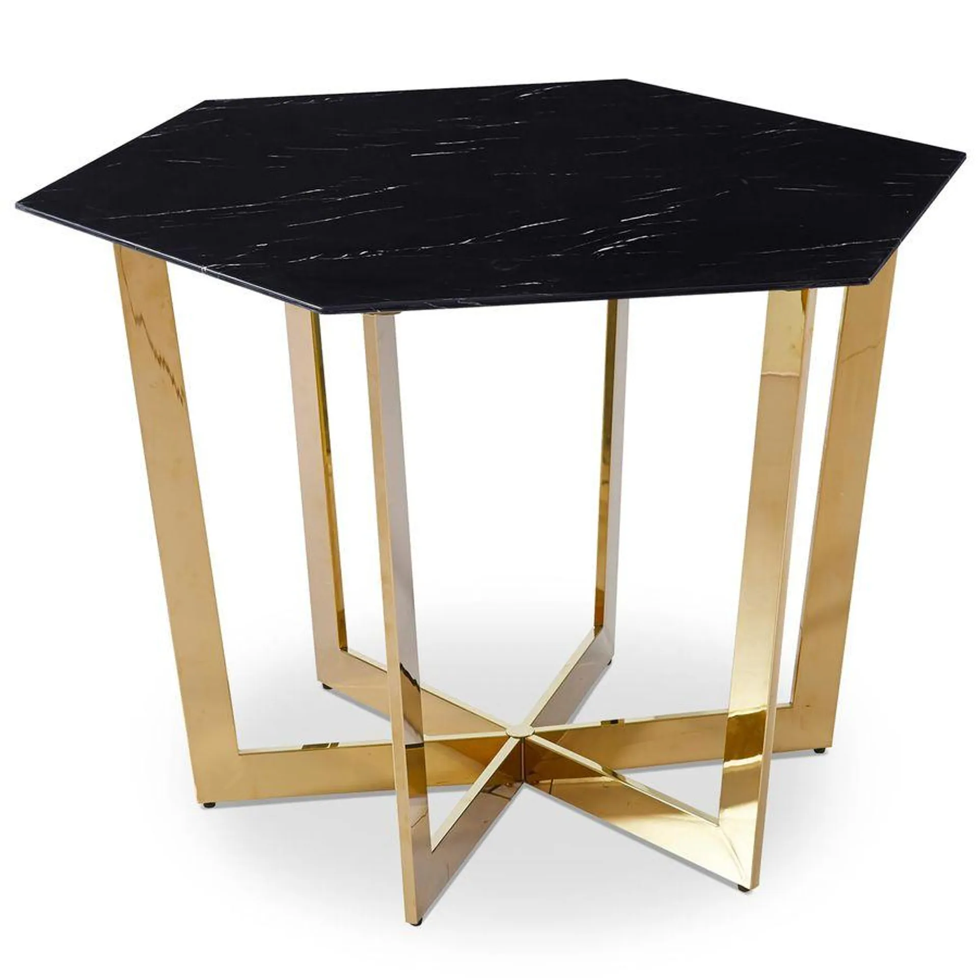 Mesa hexagonal 120cm Zadig Cristal negro efecto mármol y pata de metal dorada