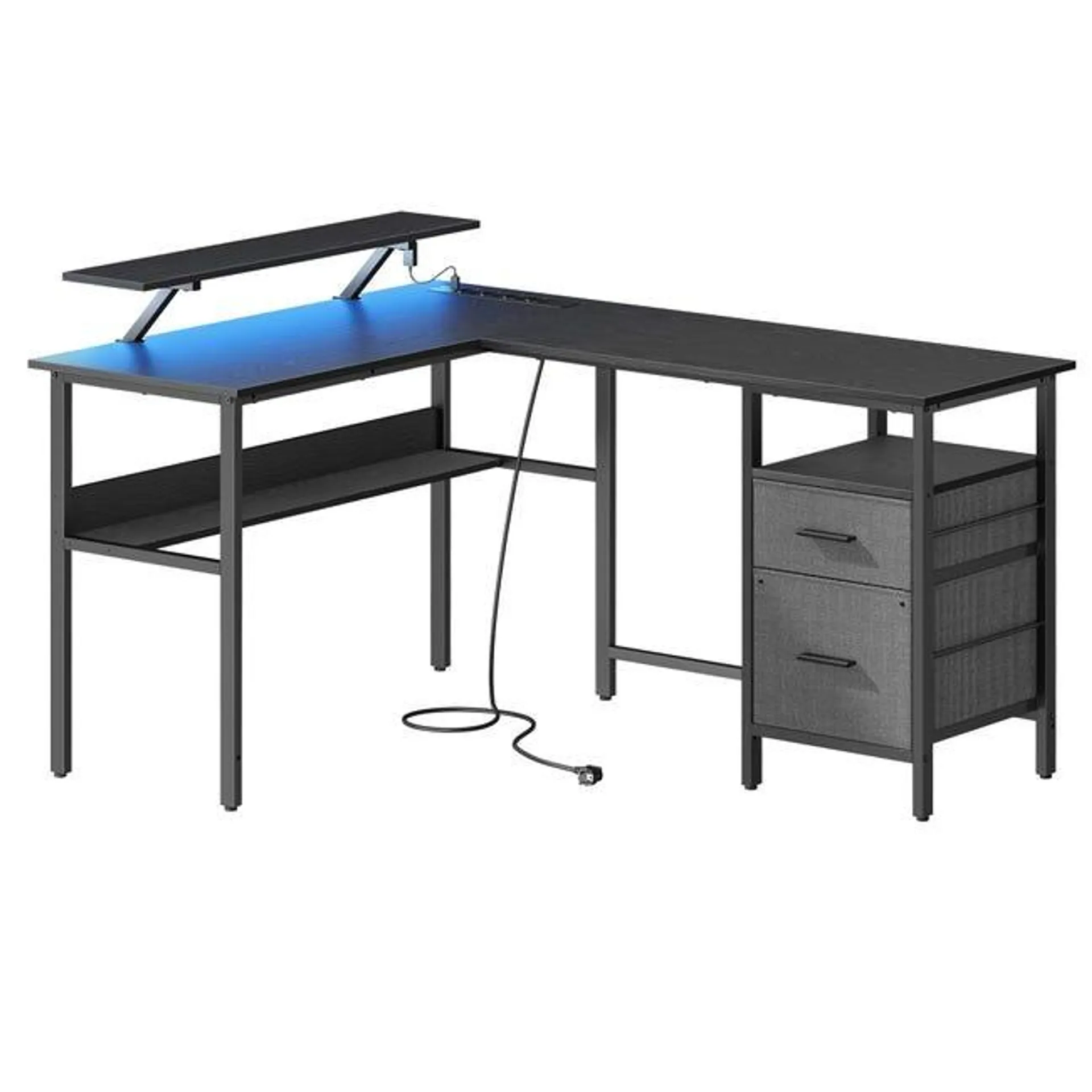 Escritorio esquinero - con luces led, tomas de corriente, soporte de monitor y 2 cajones, fácil de montar, ideal para oficina en casa, negro ébano