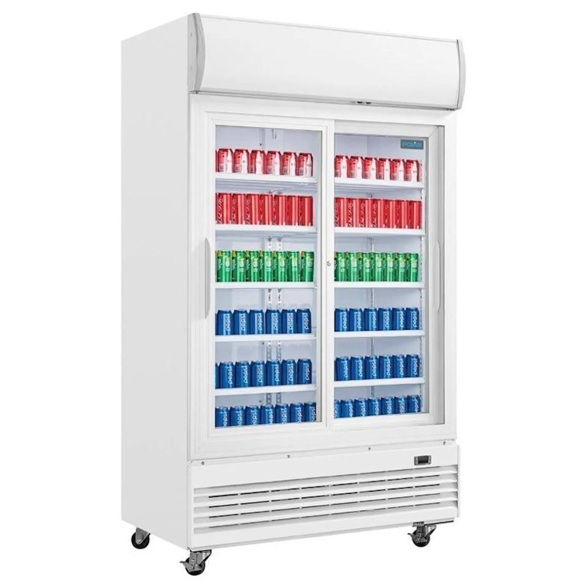 Frigorífico expositor para bebidas con panel iluminado, blanco, 2 puertas de vidrio deslizantes, con cerradura, Polar 950L GE581