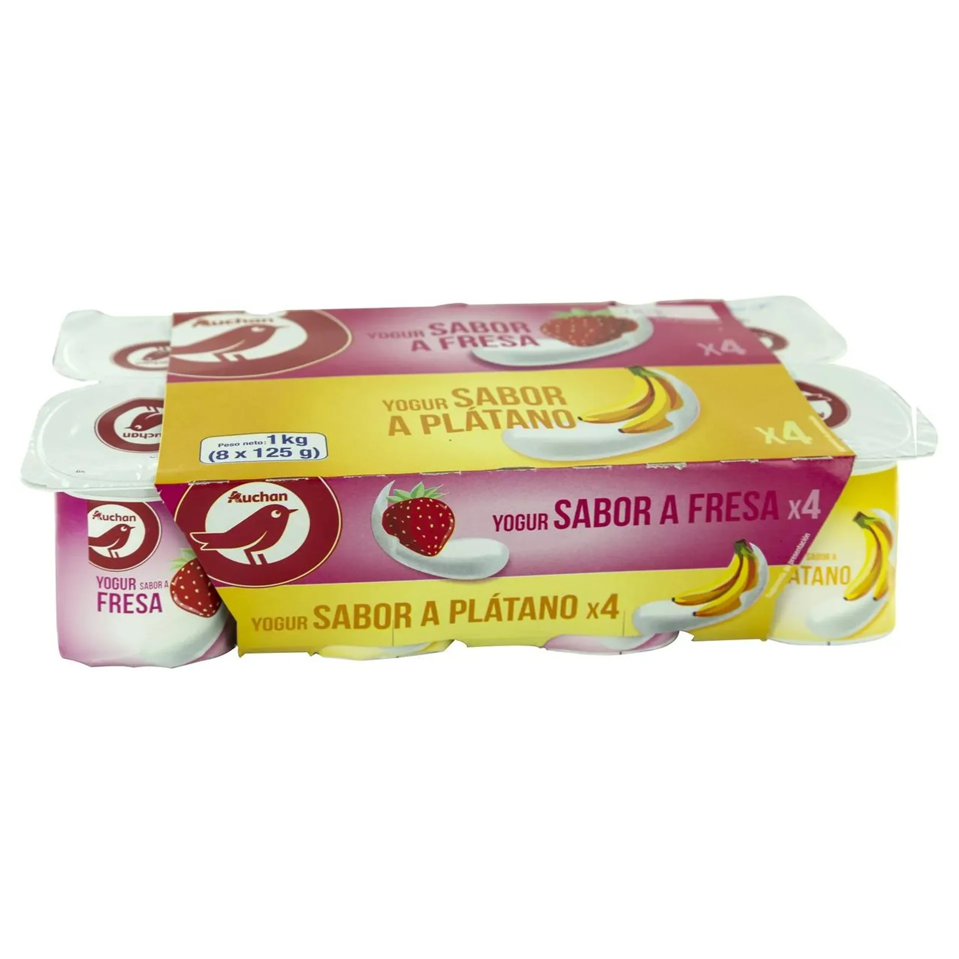 AUCHAN Yogur con sabores variados (4 de fresa y 4 de plátano) 8 x 125 g. Producto Alcampo