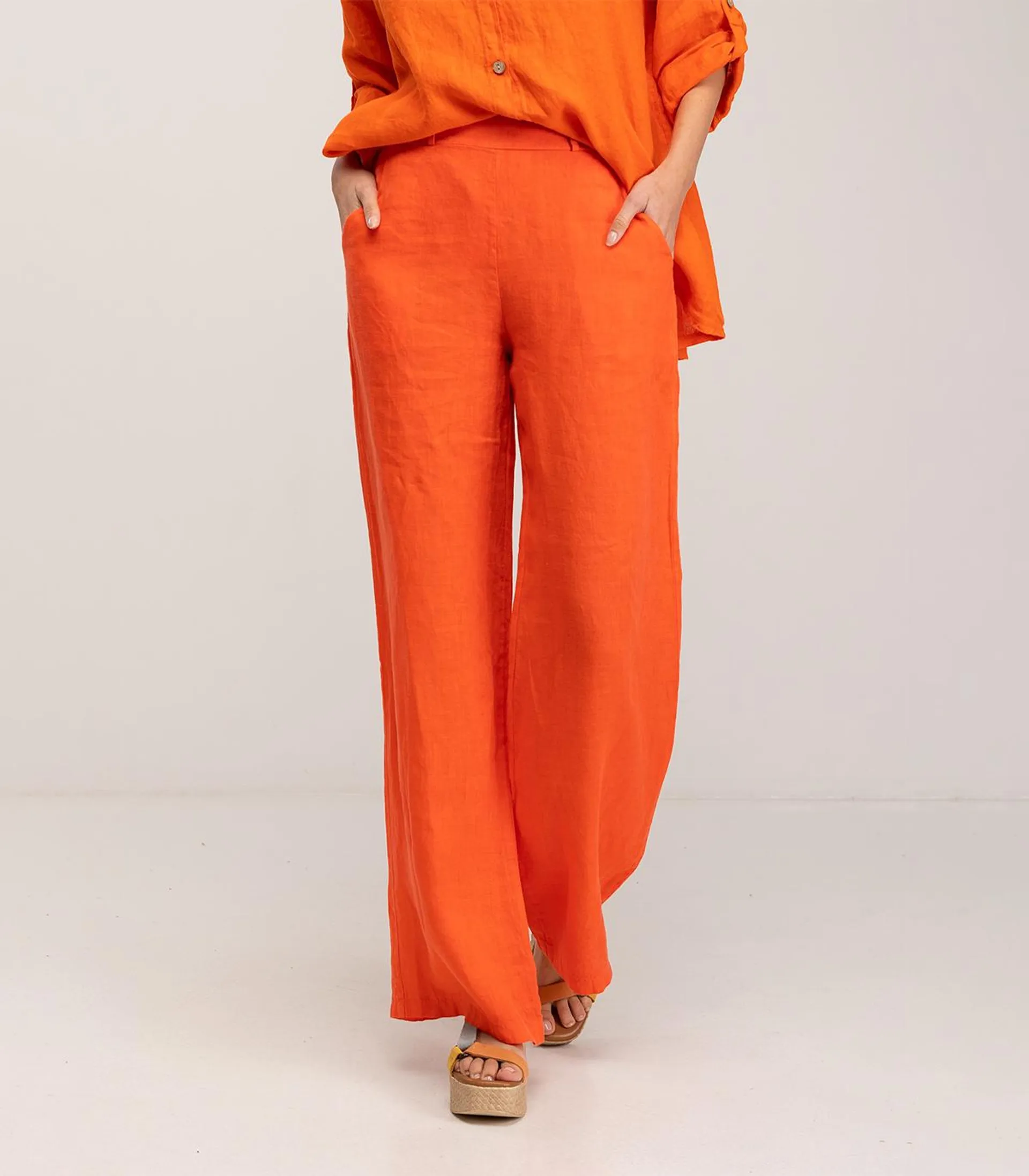 Pantalon de vestir ancho de lino con cintura elástica, bolsillos y tiro alto Orange