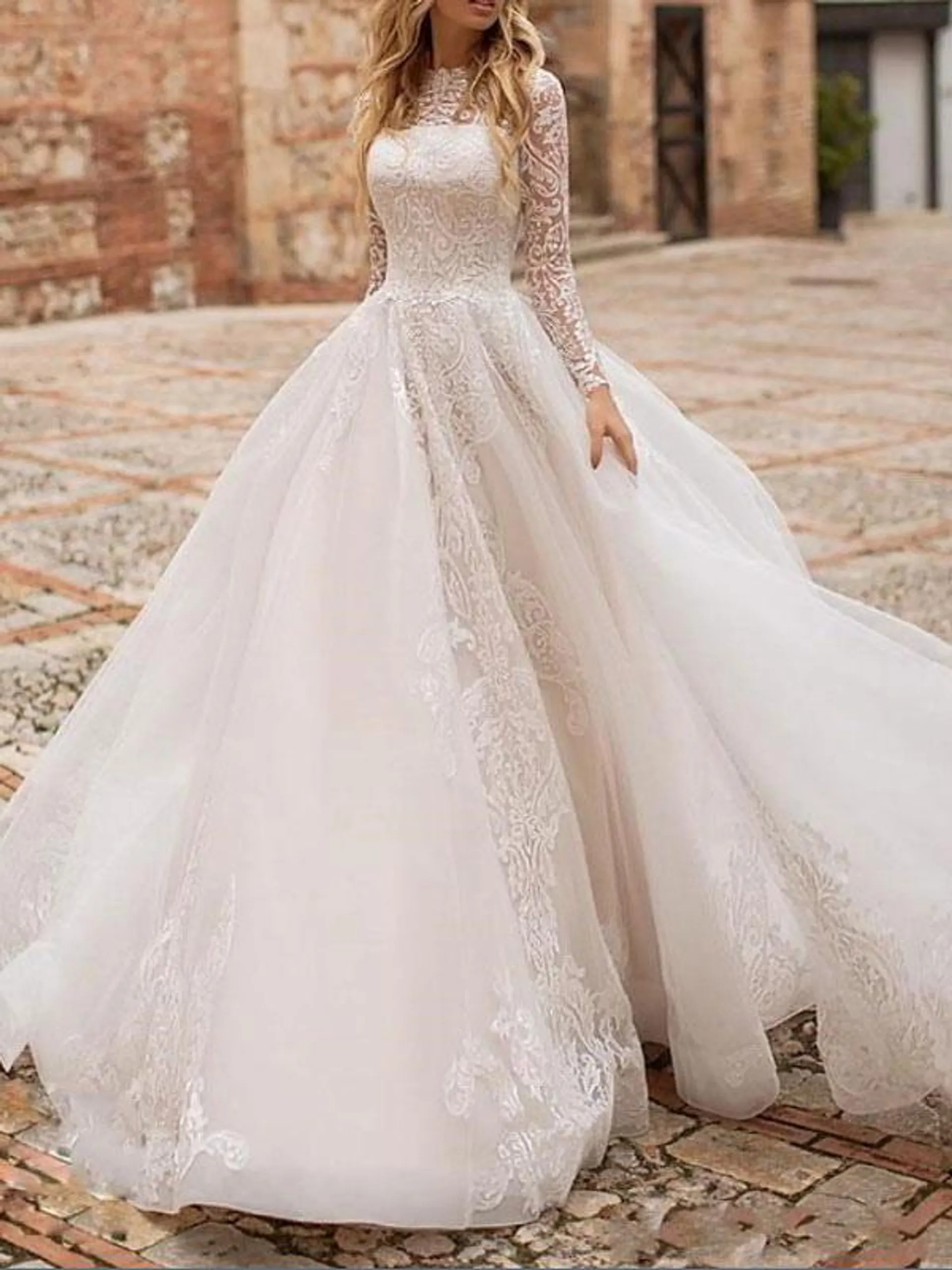 Vestido de novia blanco Una línea de escote de ilusión Apliques de manga larga con vestidos de novia de cola de capilla