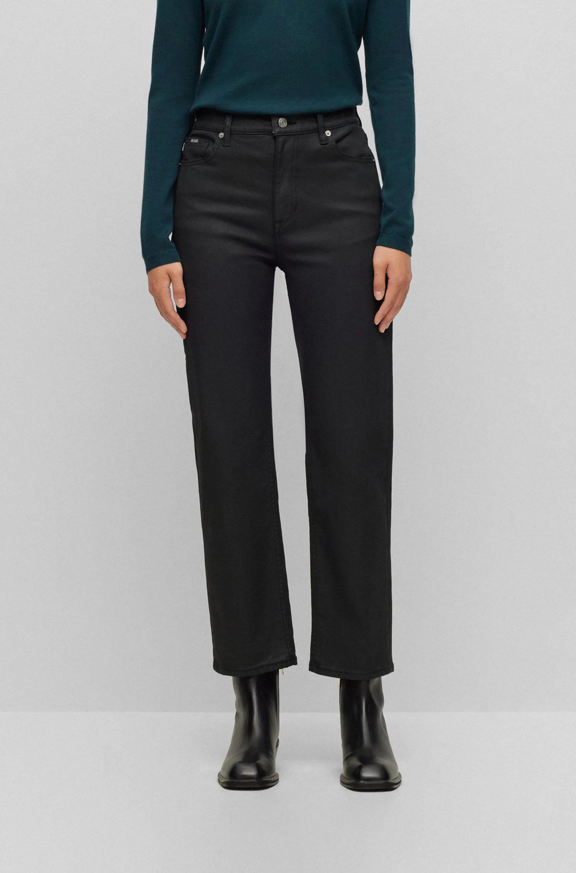 Vaqueros de talle alto de denim negro revestido