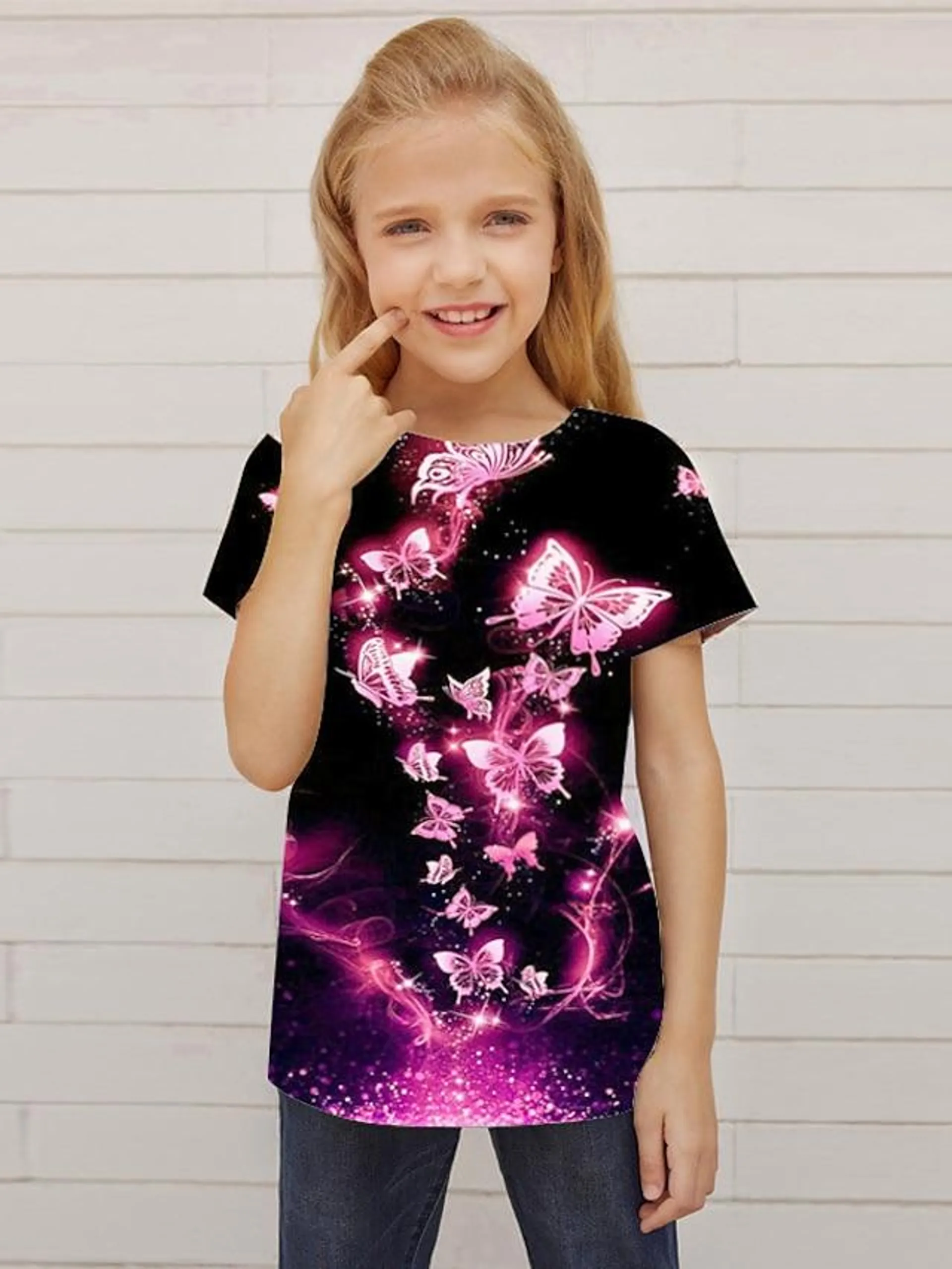 Camiseta de manga corta para niños y niñas con estampado 3d de mariposa, animal, verde, azul, blanco, tops para niños, ropa de calle de moda activa para primavera y verano, ajuste regular diario para