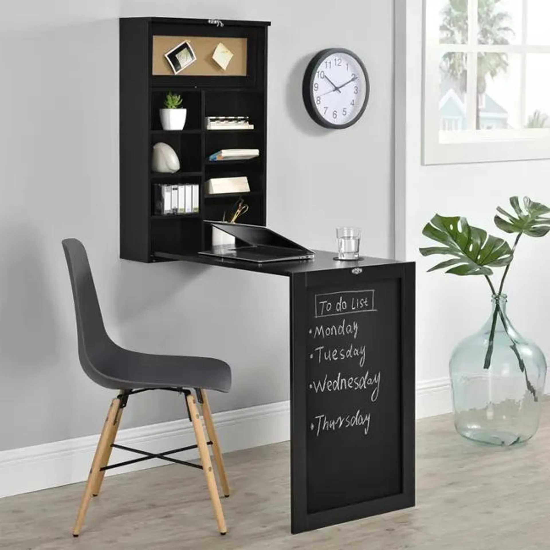 Escritorio Plegable de Pared Kläppen con Corcho y Pizarra MDF 80 x 50 x 19 cm - Negro [en.casa]