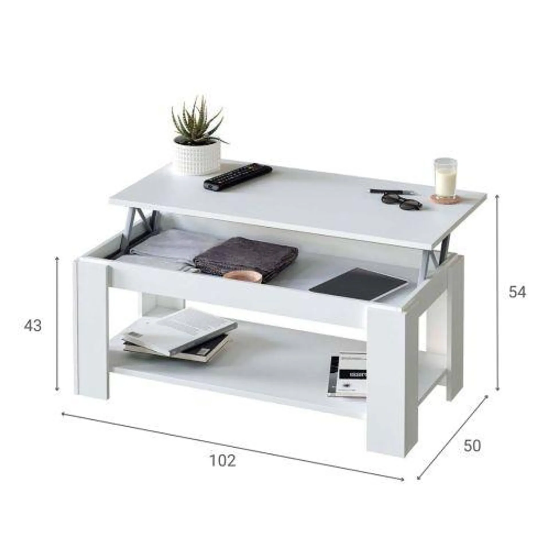 Mesa de centro blanca y brillante con tapa elevable y almacenamiento 001639A