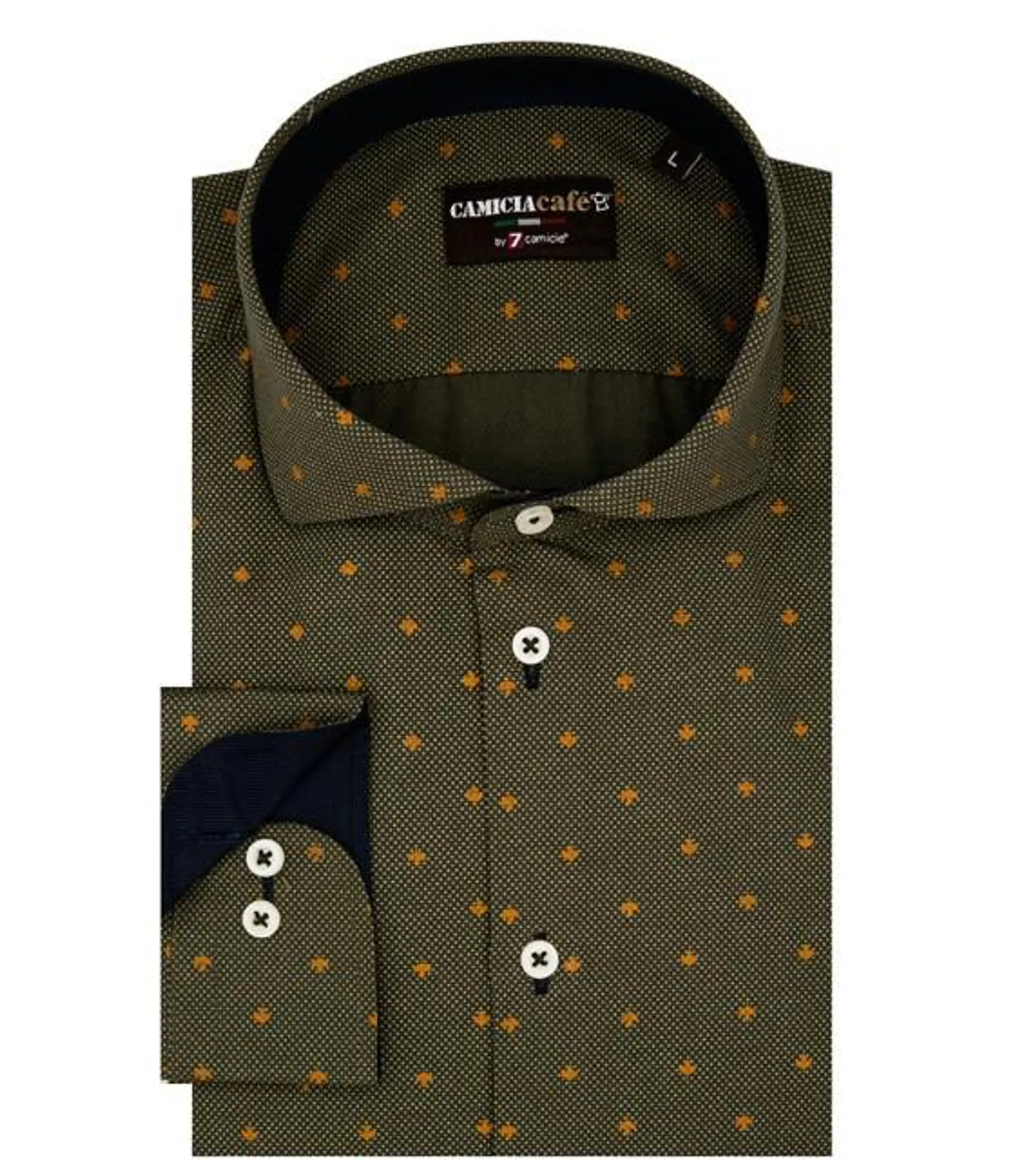 Camisa Hombre 1 Botón Cuello Francés Slim Estampado Poliéster Algodón Verde Oliva y Ocre