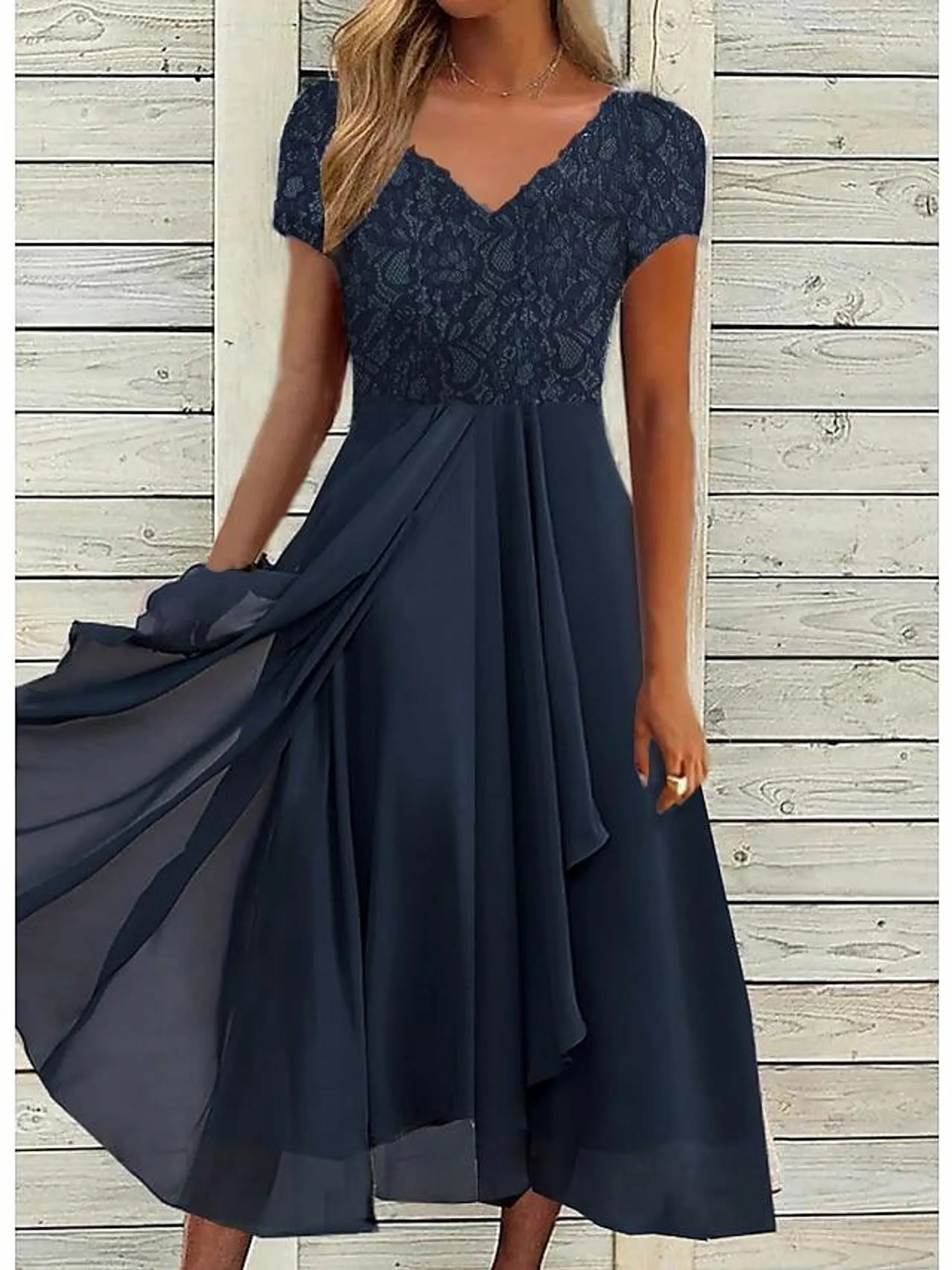 Women's Elegant A-Line Midi Dress V-Neck Lace Short Sleeve Chiffon Flowy Navy Blue Evening Party Wedding Summer