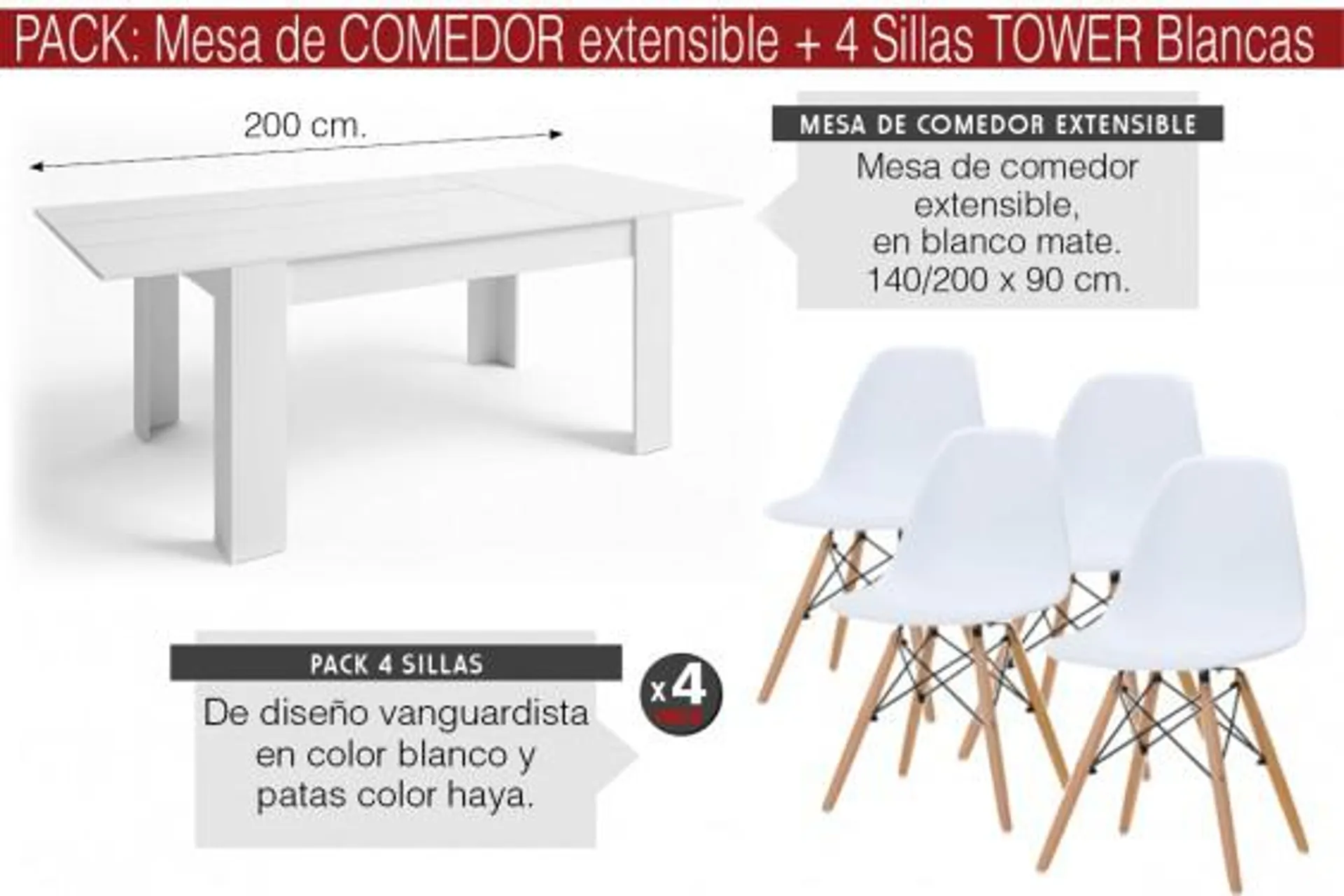 PACK Mesa BASS Extensible + 4 Sillas TOWER Blancas diseño