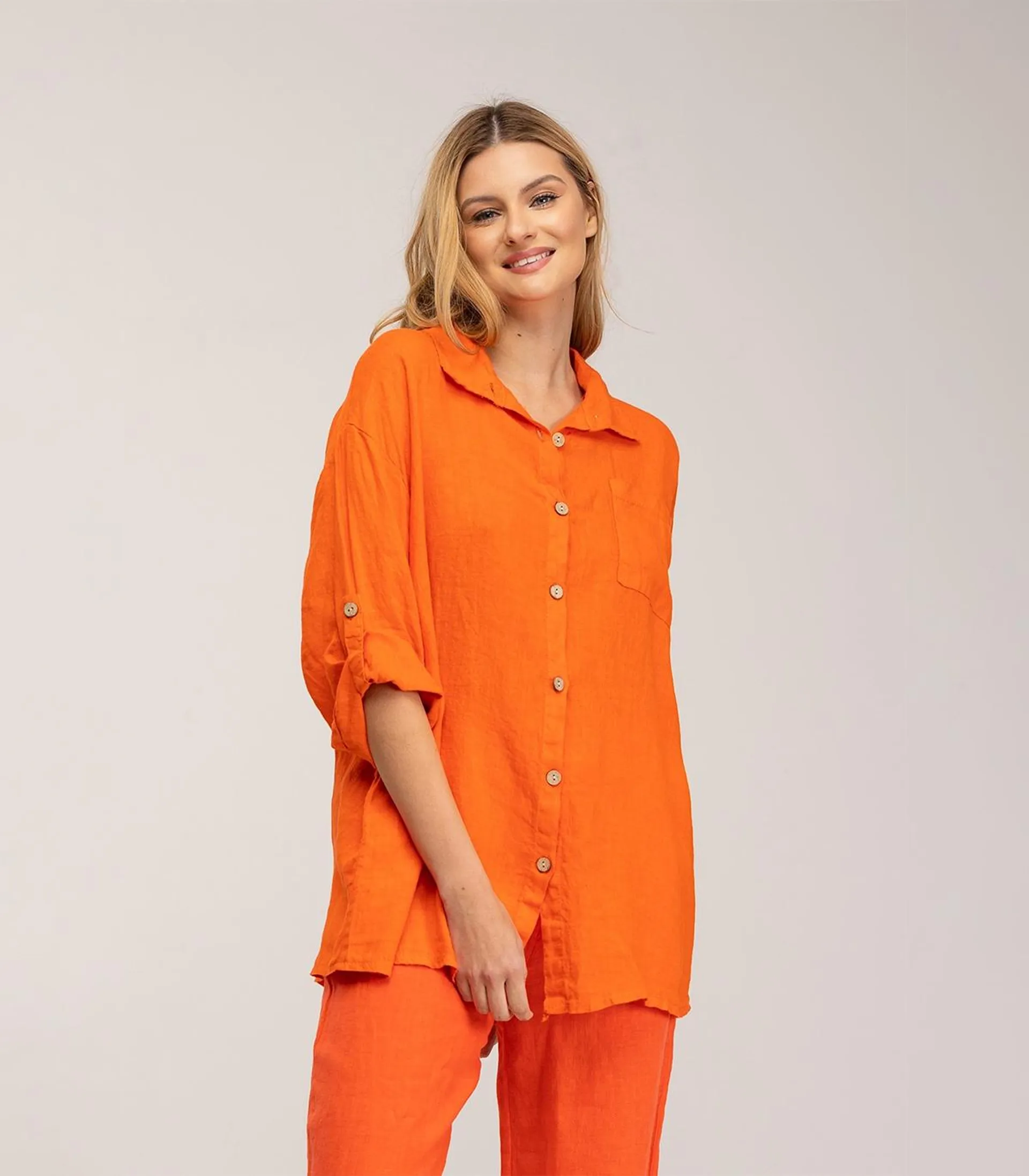 Camisa de lino oversize con detalle de bolsillo y manga ajustable Orange