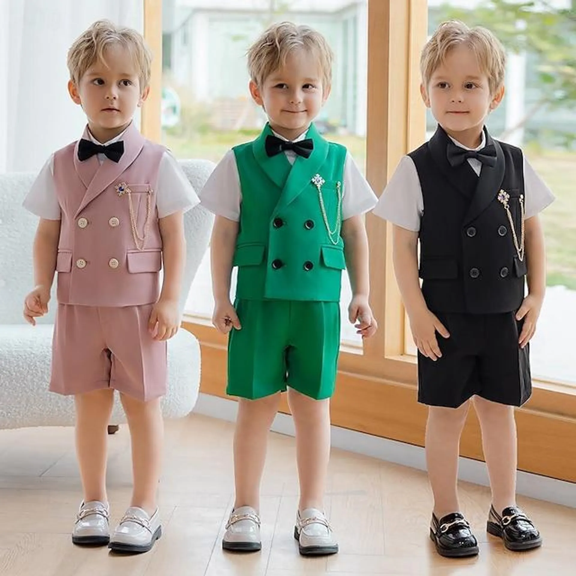 3 Piezas Bebé Chico Camiseta y Bermudas Vestimenta Color sólido Manga Corta Establecer Escuela Moda Verano Primavera 3-7 años Conjunto de 5 piezas verde manzana (chaleco + camisa manga Conjunto rosa