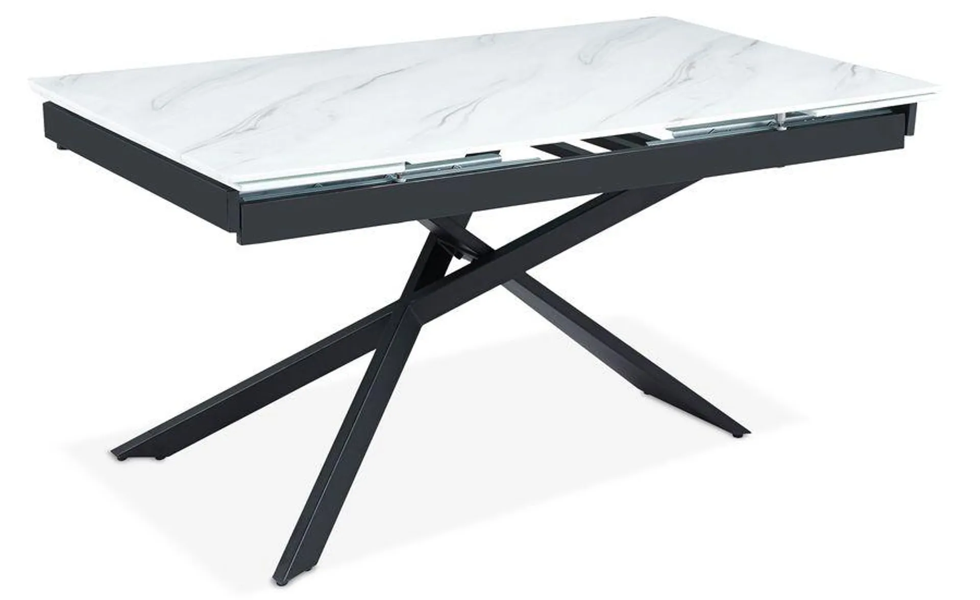 Mesa de Comedor Extensible Ismael de cristal efecto mármol blanco y patas metal negras