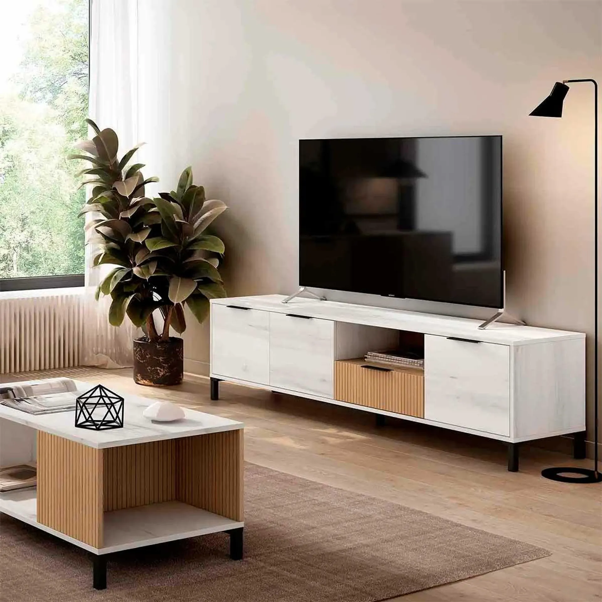 Mueble bajo TV Tokio 1 cajón 3 puertas rayado/natural 46,5x177,6x40 cm