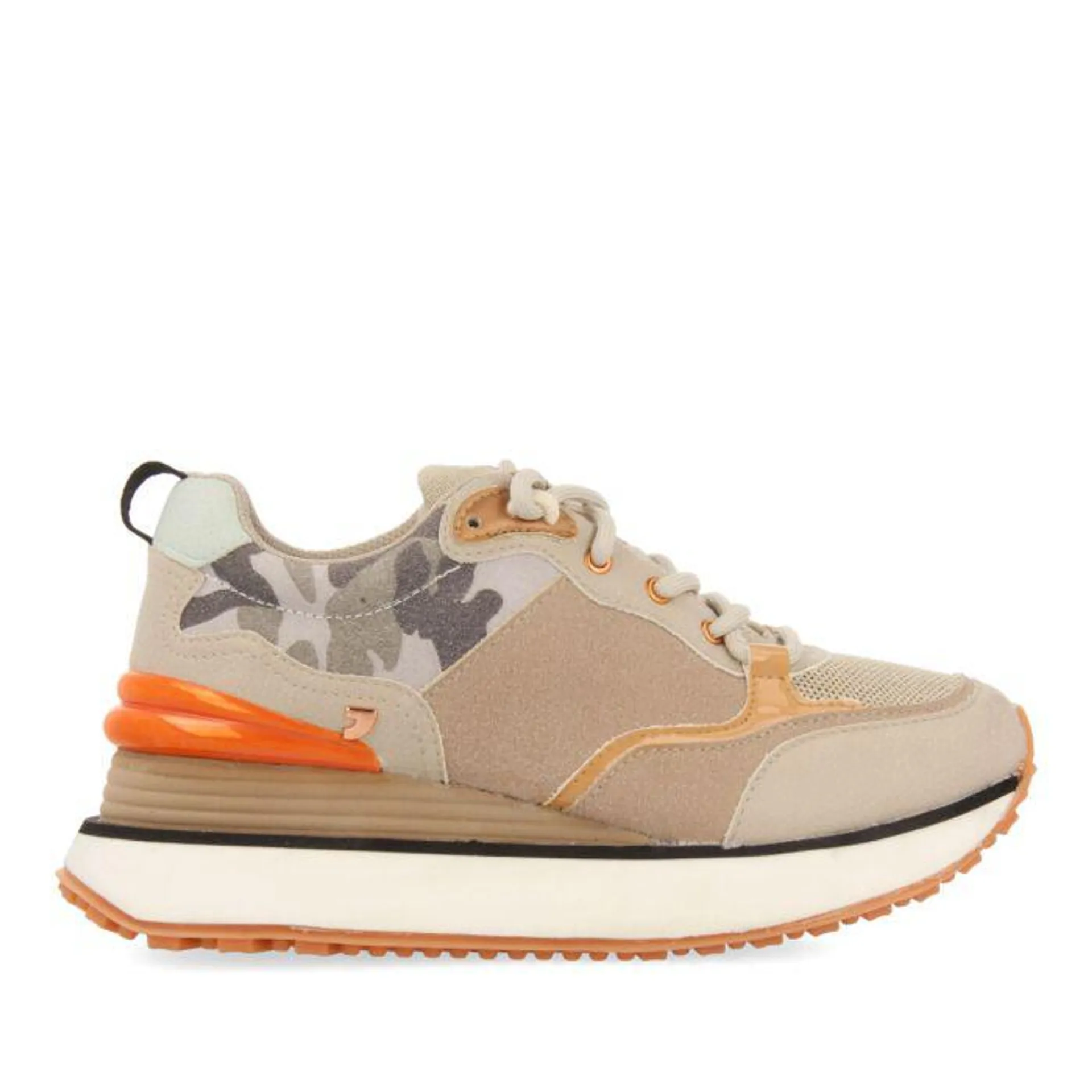 Medingen women's camouflage sneakers with outer wedges, featuring orange, gold, beige and mint green