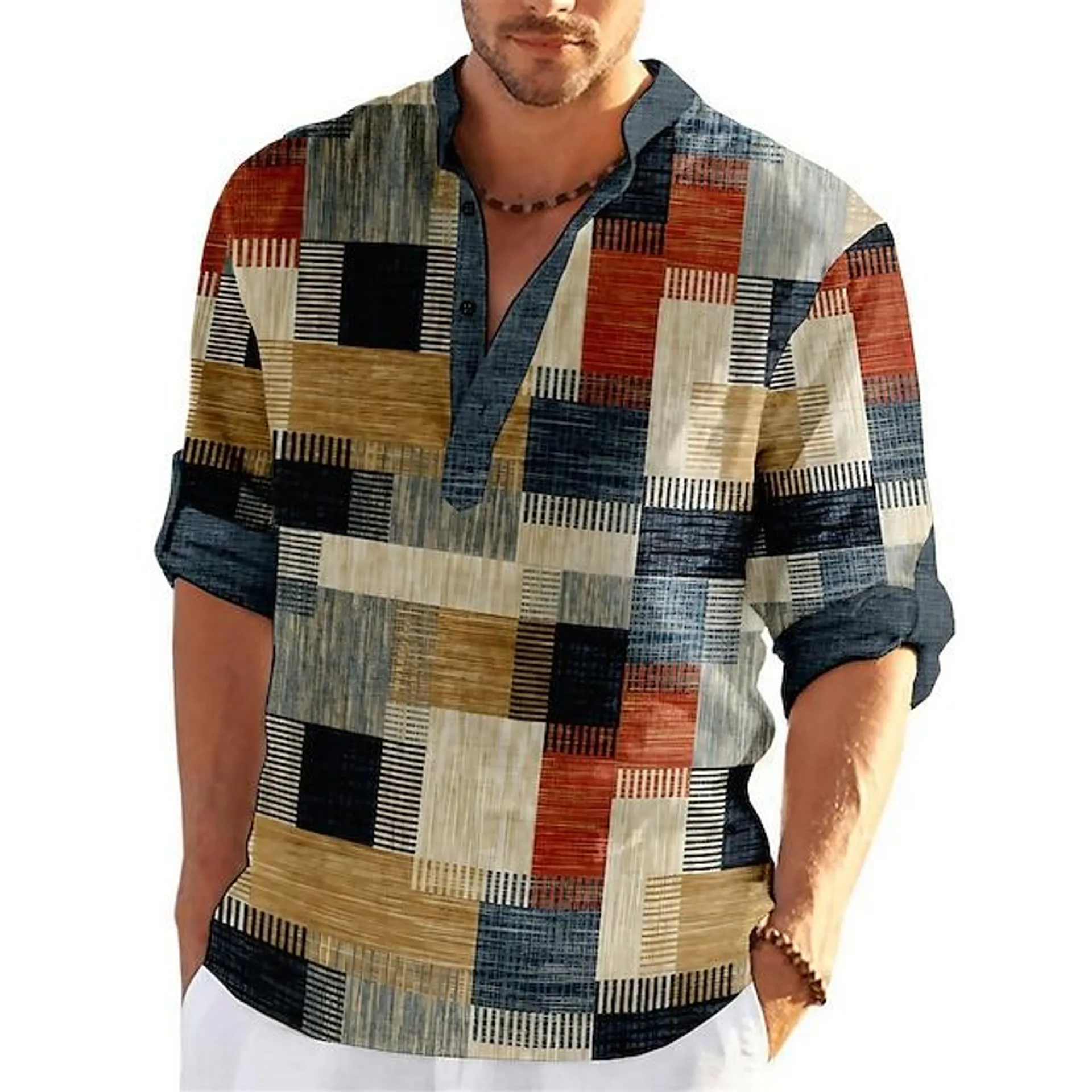 Men's Shirt Striped Plaid / Check Graphic Prints Geometry Stand Collar Yellow Light Green Wine Blue Green Outdoor Street Long Sleeve Print Clothing Apparel Fashion Streetwear Designer Casual