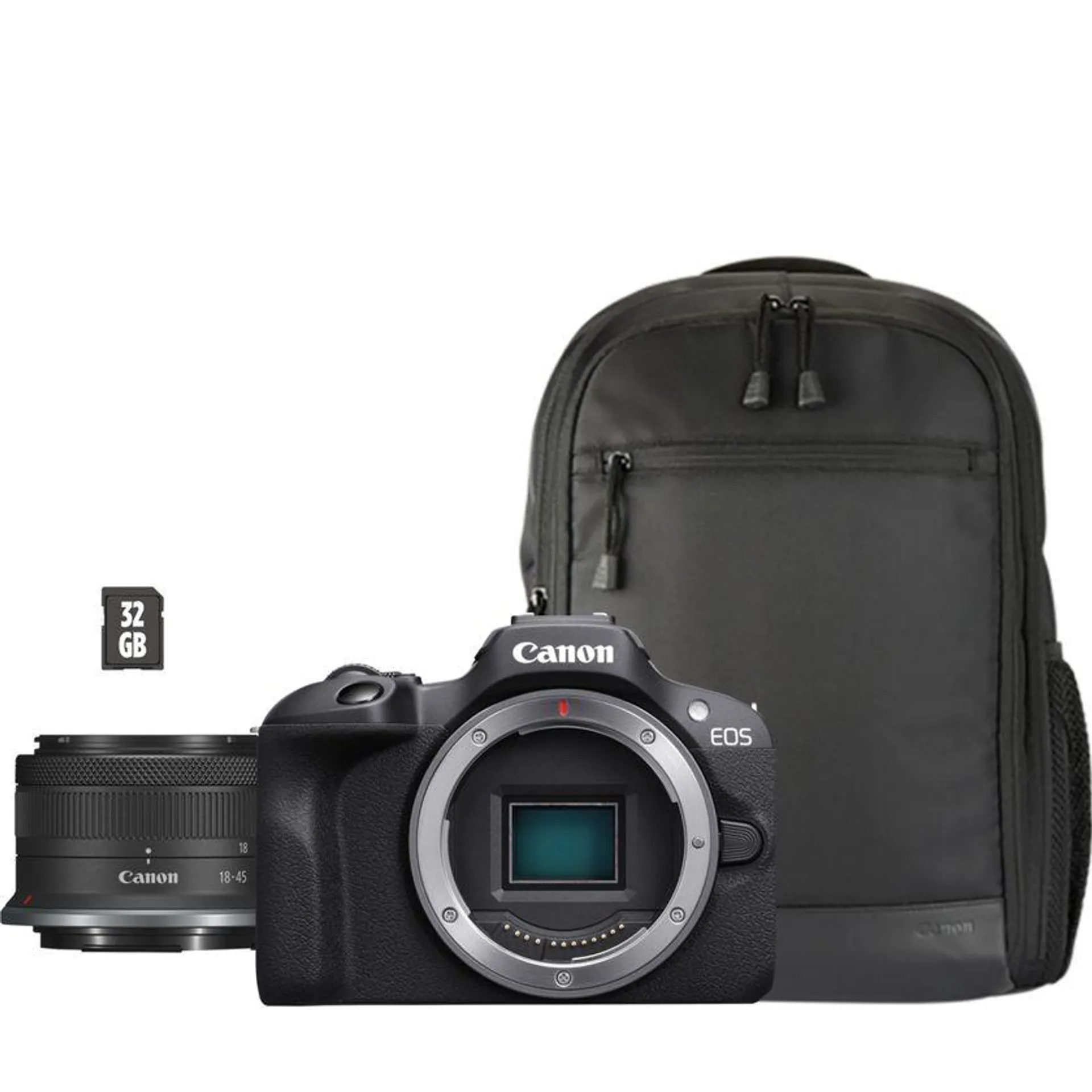 Canon EOS R100 Systemkamera + RF-S 18-45mm F4.5-6.3 IS STM Objektiv + Rucksack + SD-Karte