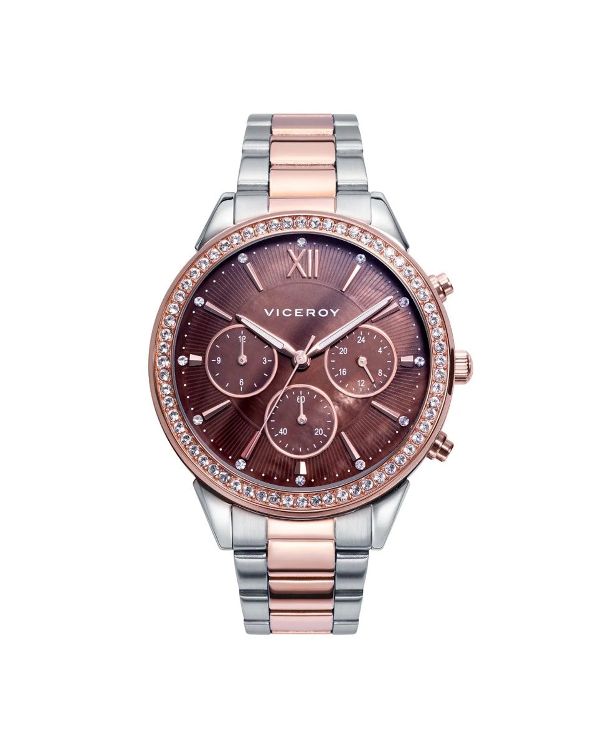 Reloj de mujer Chic de acero multifunción con esfera madreperla y bisel con circonitas