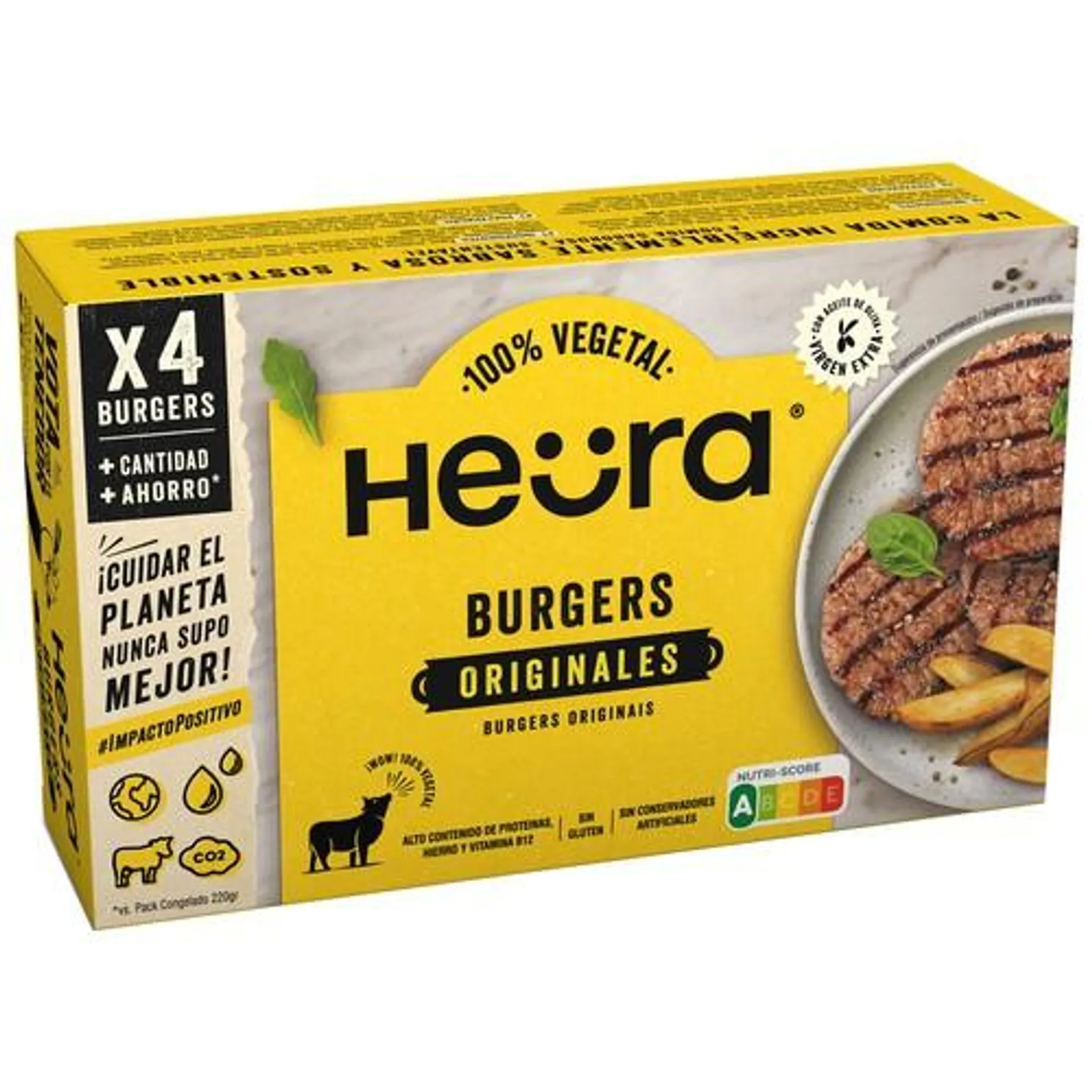 HEÜRA Burger vegetal a base de proteina de guisante y aceite de oliva virgen extra HEÜRA 4 x 110 g.