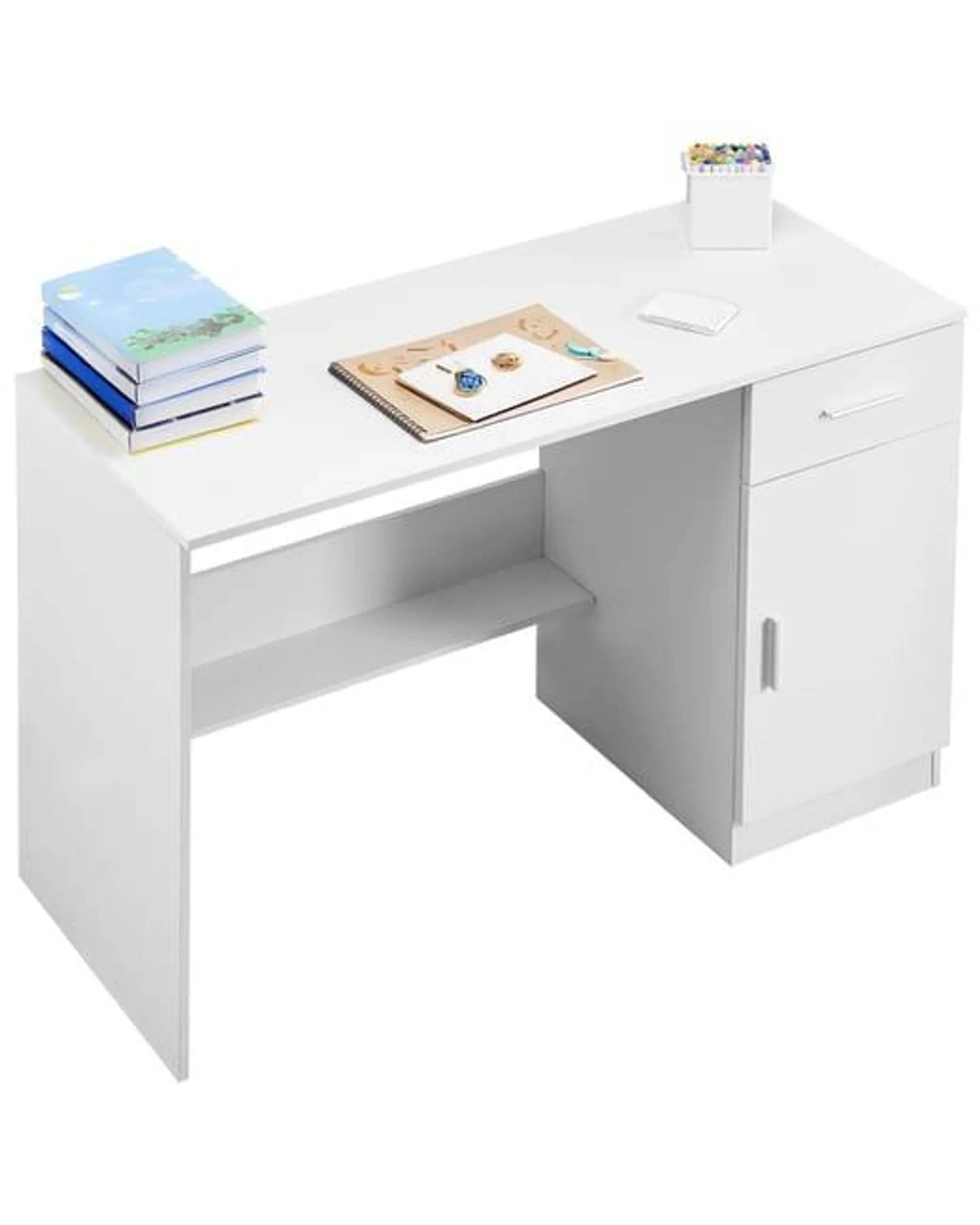 VEVOR Escritorio pequeño con cajón, mesa estudio madera, escritorio MDF con almacenamiento y estante ajustable, para dibujar, leer, hogar, blanco