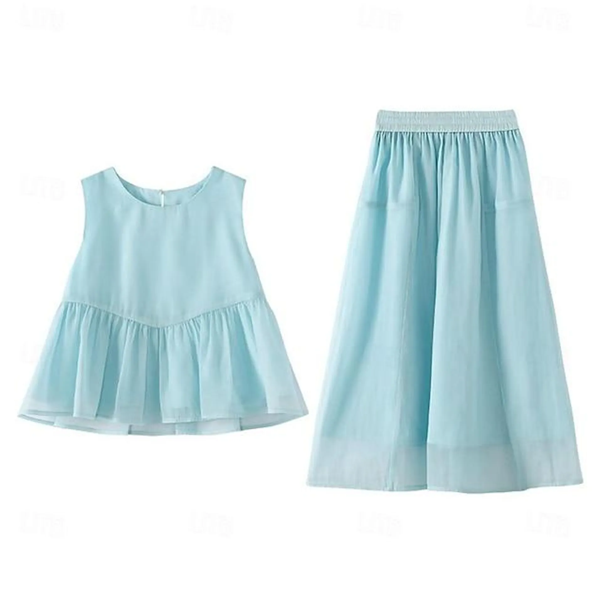 2 Piezas Niños Chica Color sólido Traje de pantalones Conjunto Sin Mangas Moda Exterior 3-7 años Verano Azul Piscina