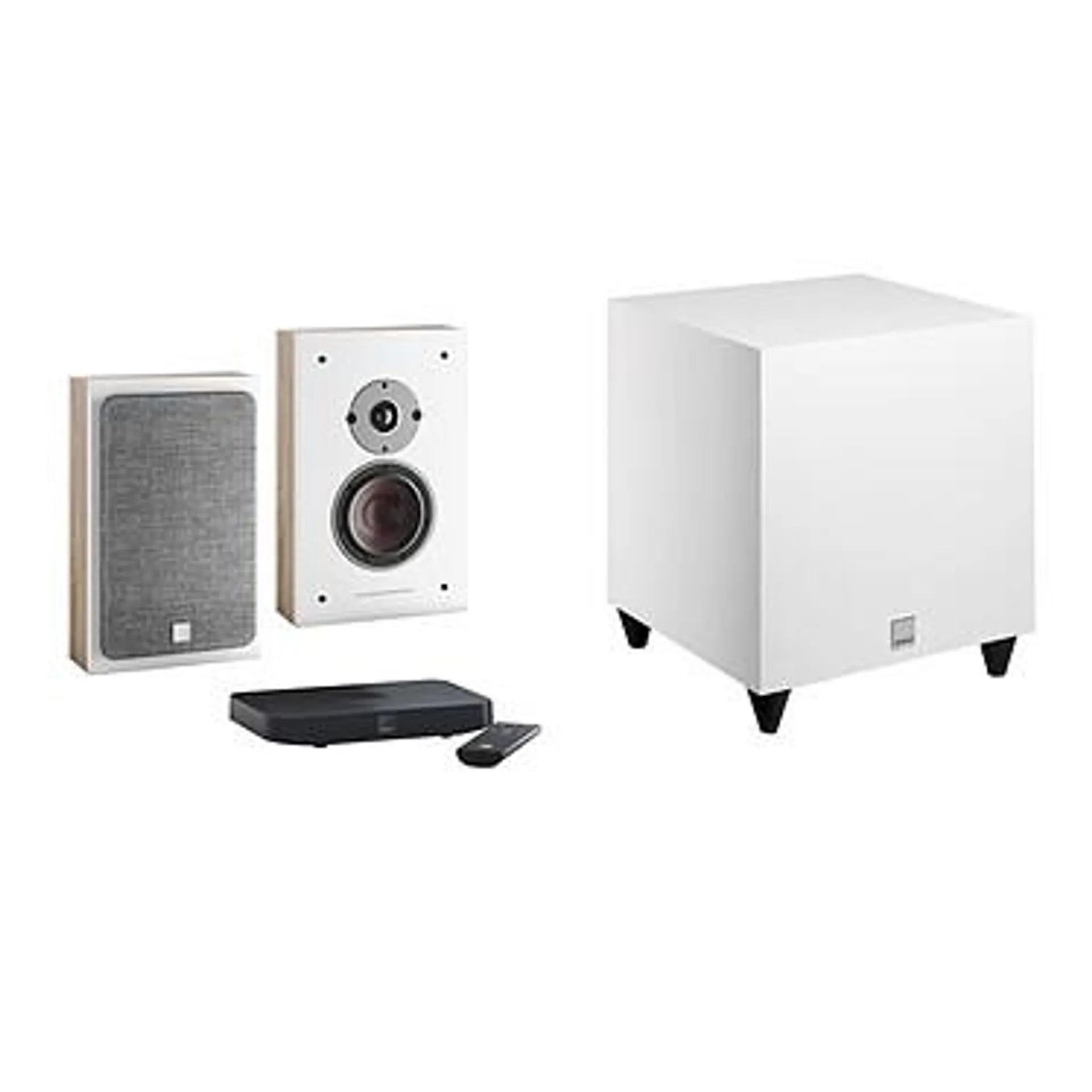 Dali Oberon De Pared C Roble Claro + Sound Hub Compact + SUB C-8 D Blanco