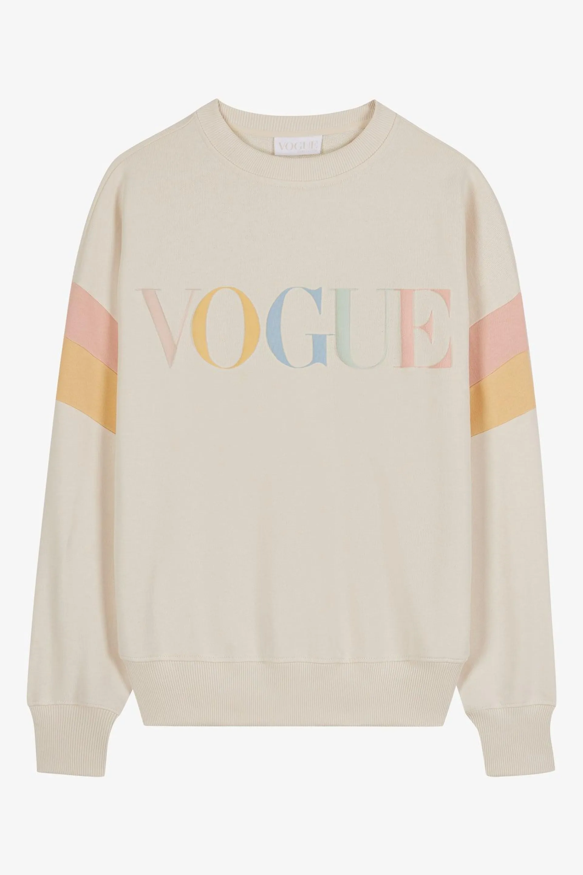 Sudadera VOGUE crema con logo rainbow pastel y detalle en mangas