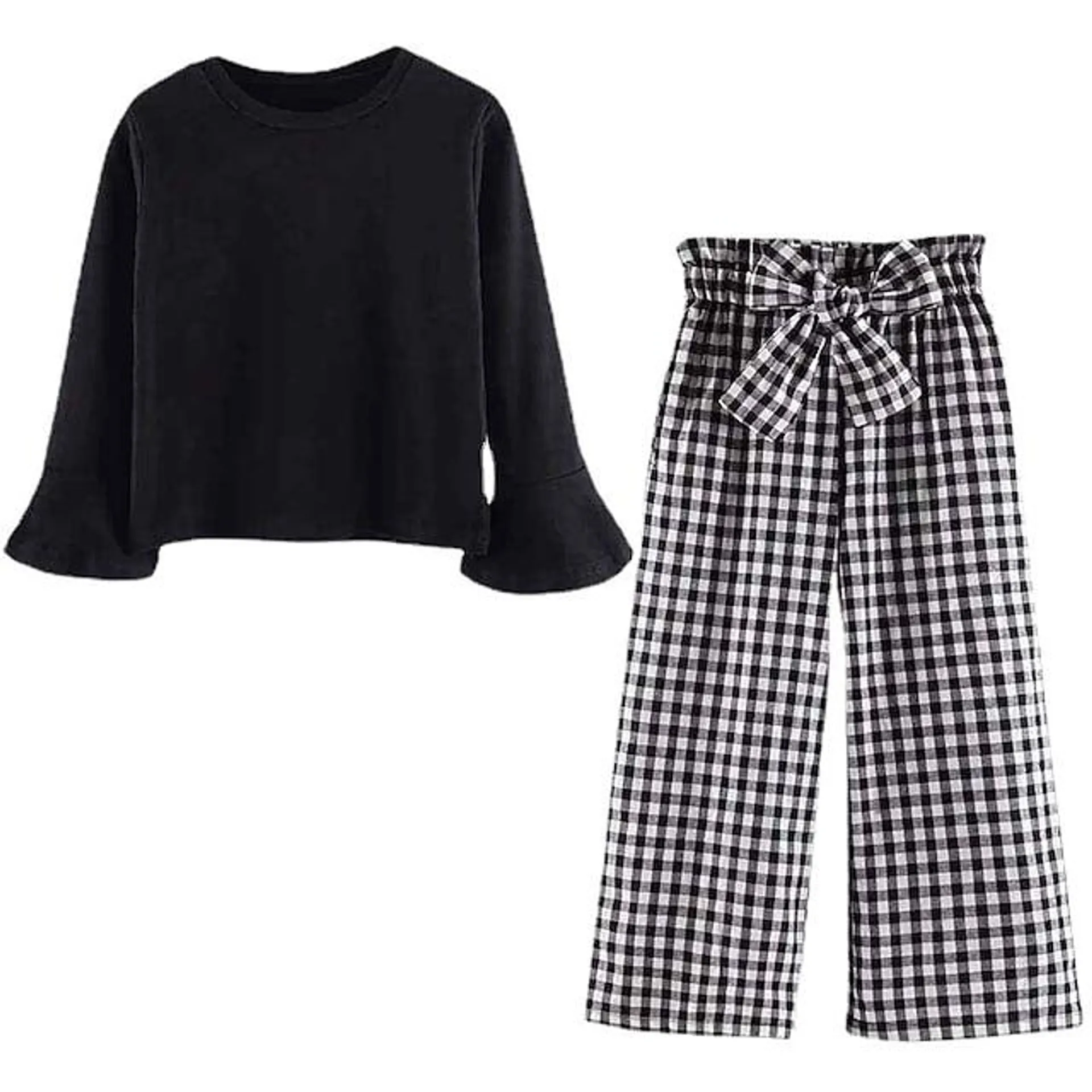 2 Piezas Niños Chica Plaid Traje de pantalones Conjunto Manga Larga Moda Exterior 7-13 años Otoño Negro