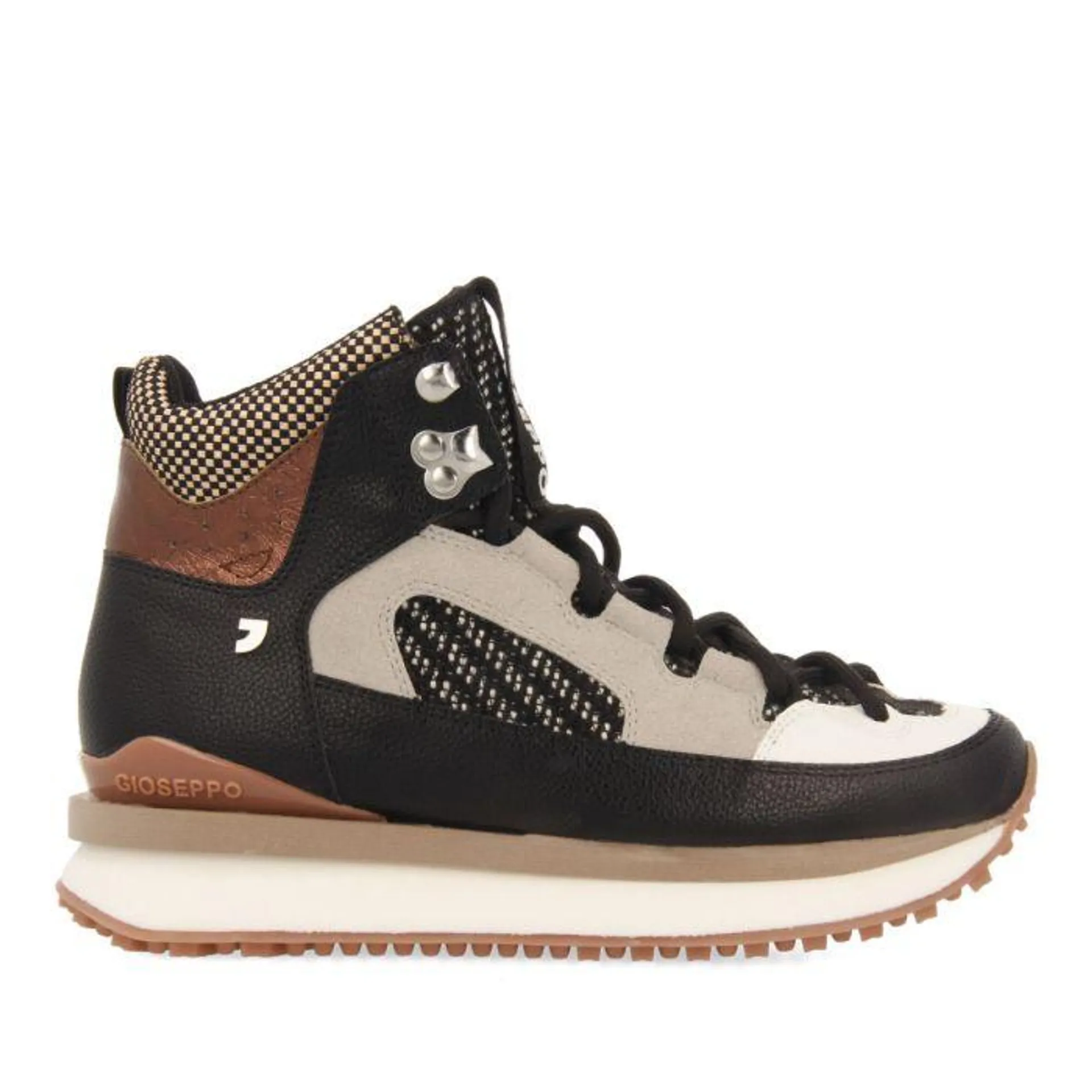 Lustenau women's brown mountain boot-style sneakers featuring different textures and pieces in black, white and copper