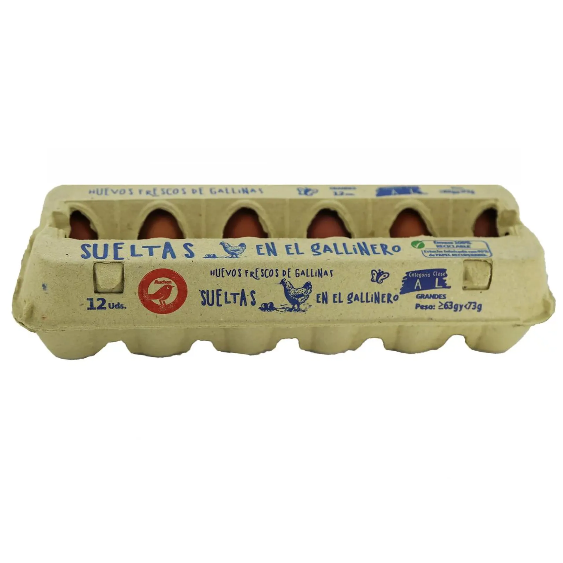 AUCHAN Huevos de gallinas sueltas en el gallinero clase L y cat. A 12 uds. Producto Alcampo