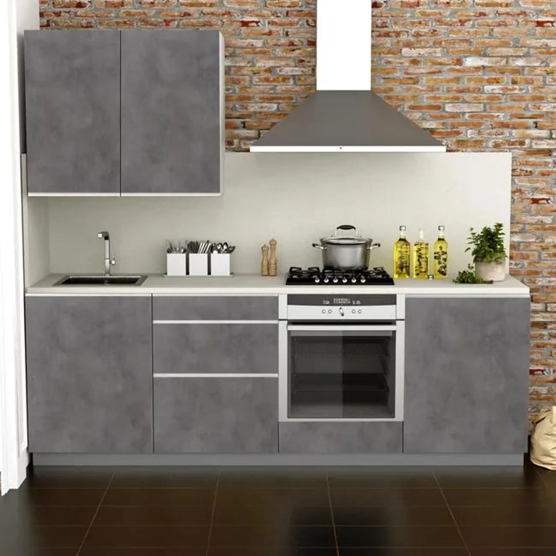 Cocina en kit Mikonos gris oscuro 240 cm con 1 módulo alto + 4 módulos bajos