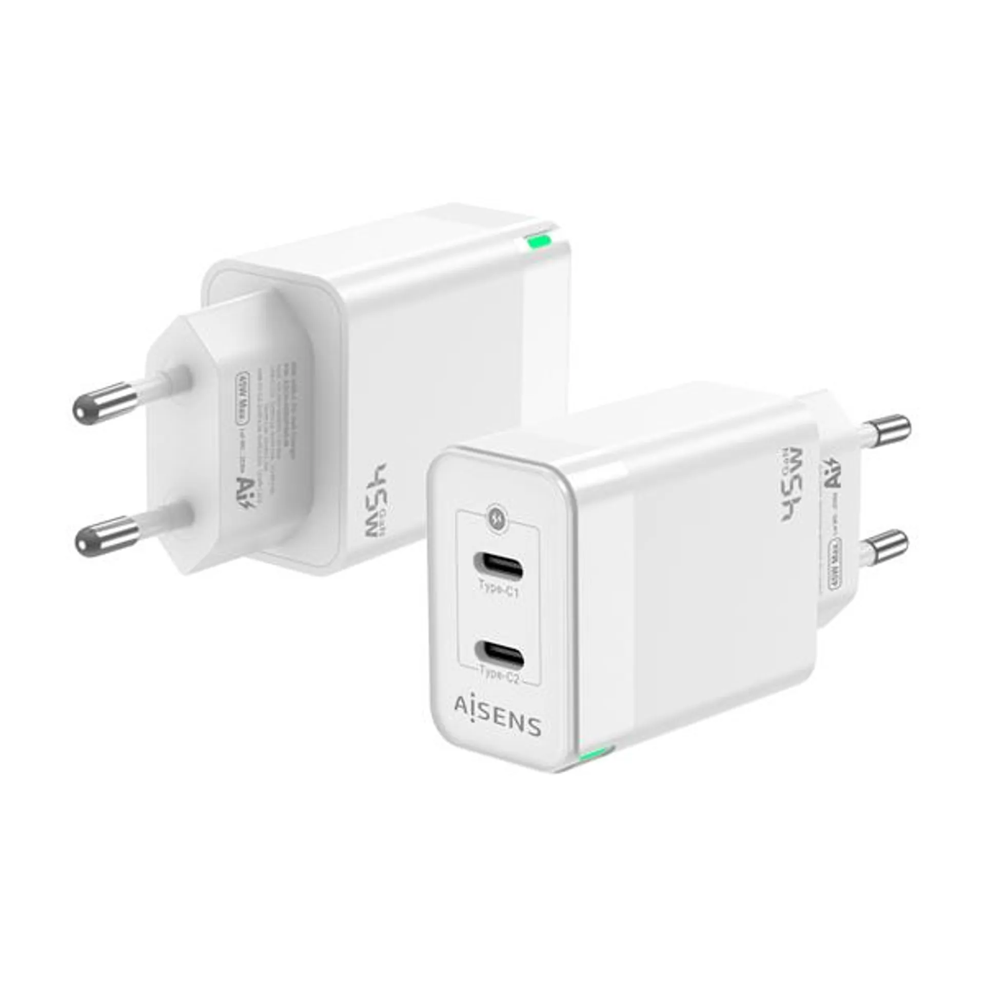 AISENS CARGADOR GAN 45W. 2XUSB-C PD3.0 QC4.0. BLANCO