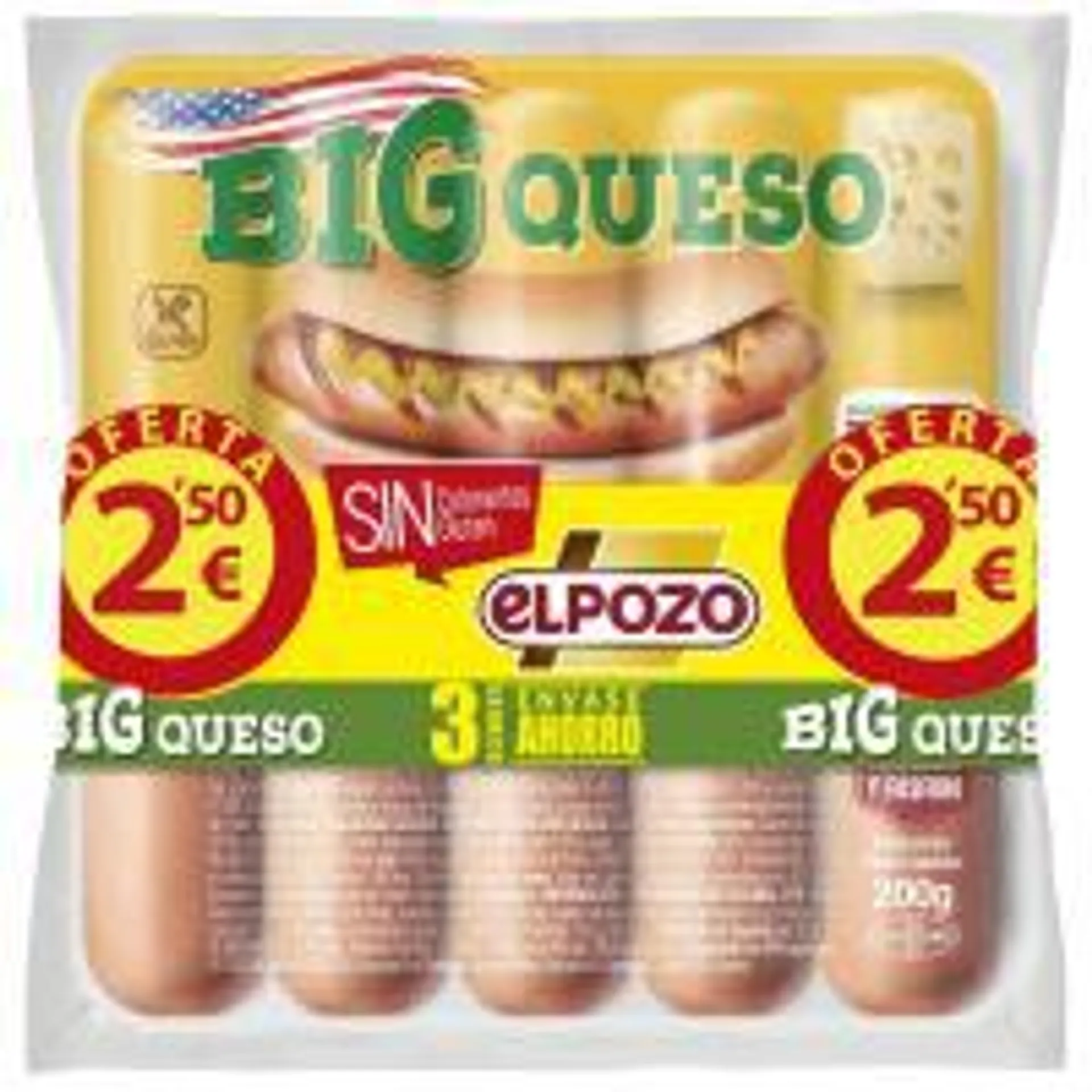 Salchichas big con queso ELPOZO, pack 3x200 g