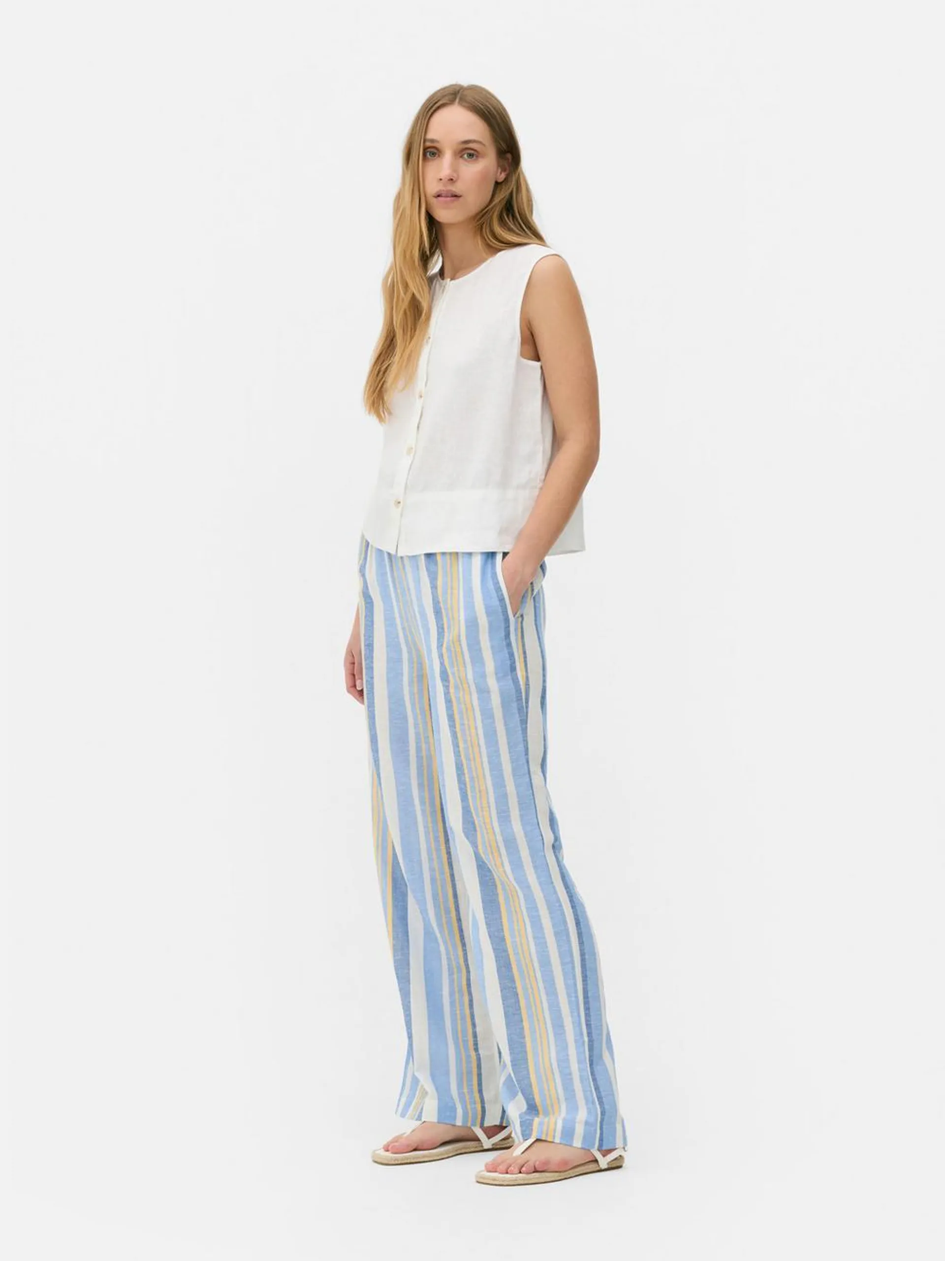 Pantalones en mezcla de lino a rayas