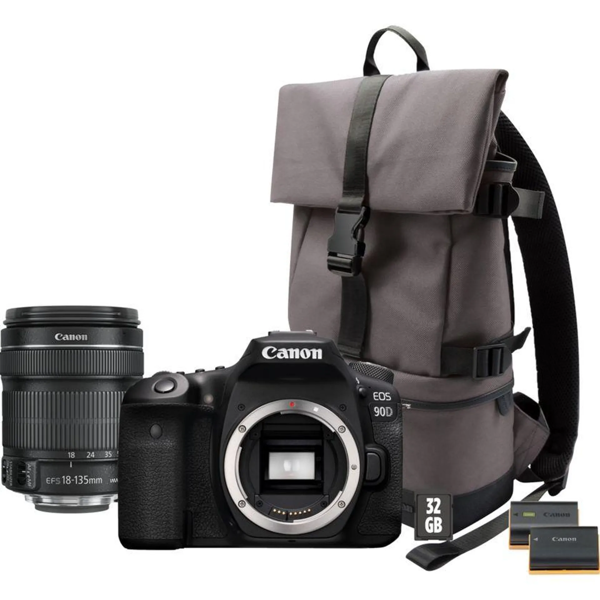Cámara Canon EOS 90D + objetivo EF-S 18-135mm IS USM + mochila + tarjeta SD + batería de repuesto