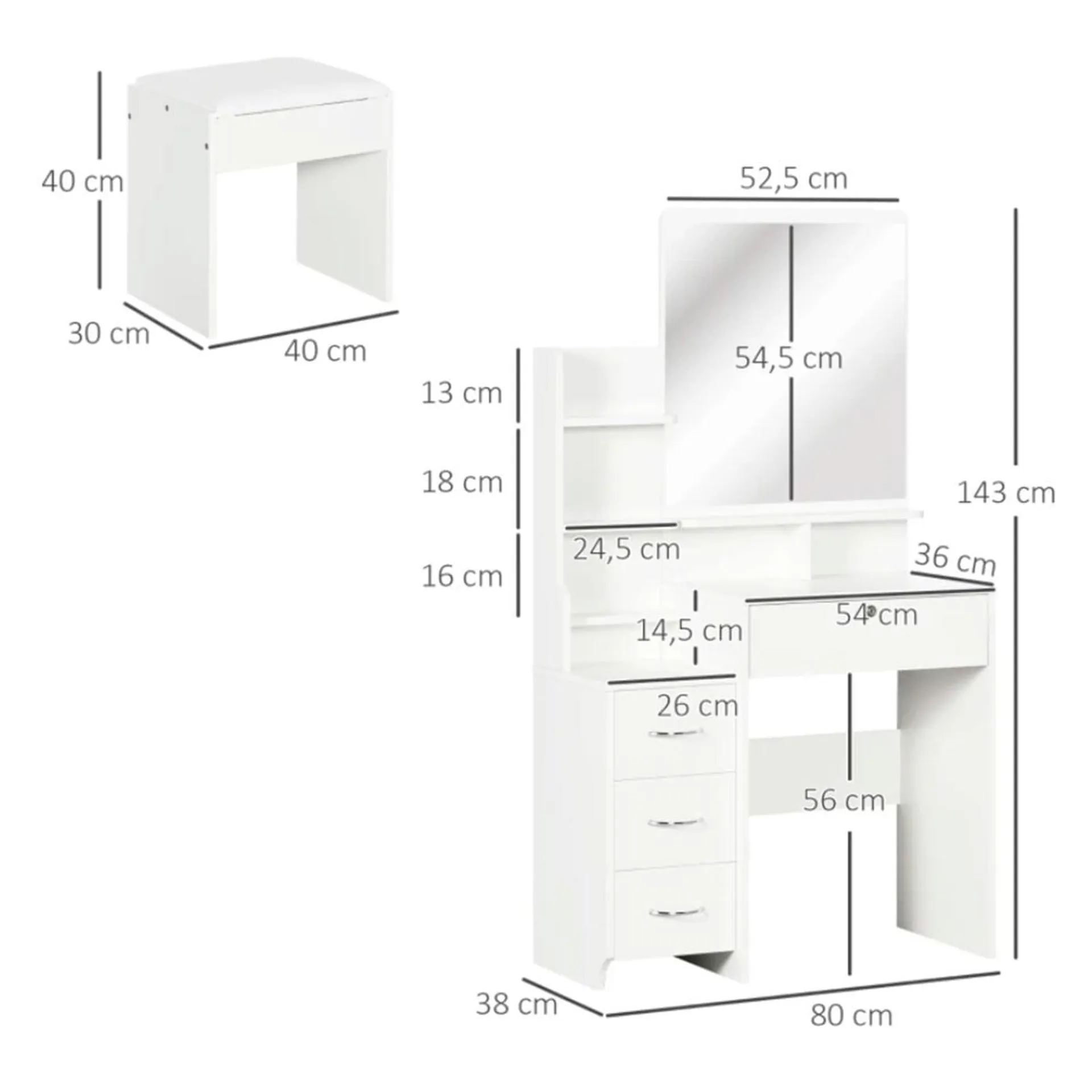 Tocador de maquillaje Homcom con taburete y espejo 4 cajones 4 compartimentos blanco 143x80x38 cm