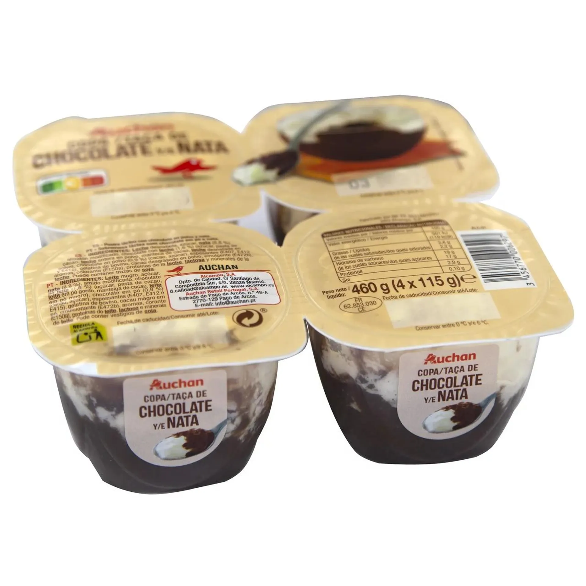 AUCHAN Copa de chocolate y nata 4 x 115 g. Producto Alcampo